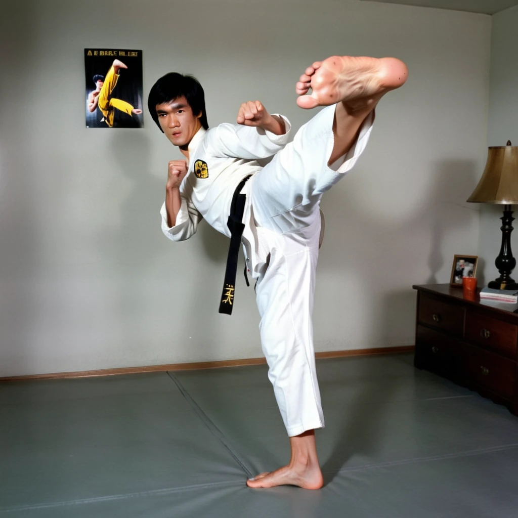 A bruce lee, including a black belt, is performing a high kick.   <lora:kickGirl:0.7>,soles of feet