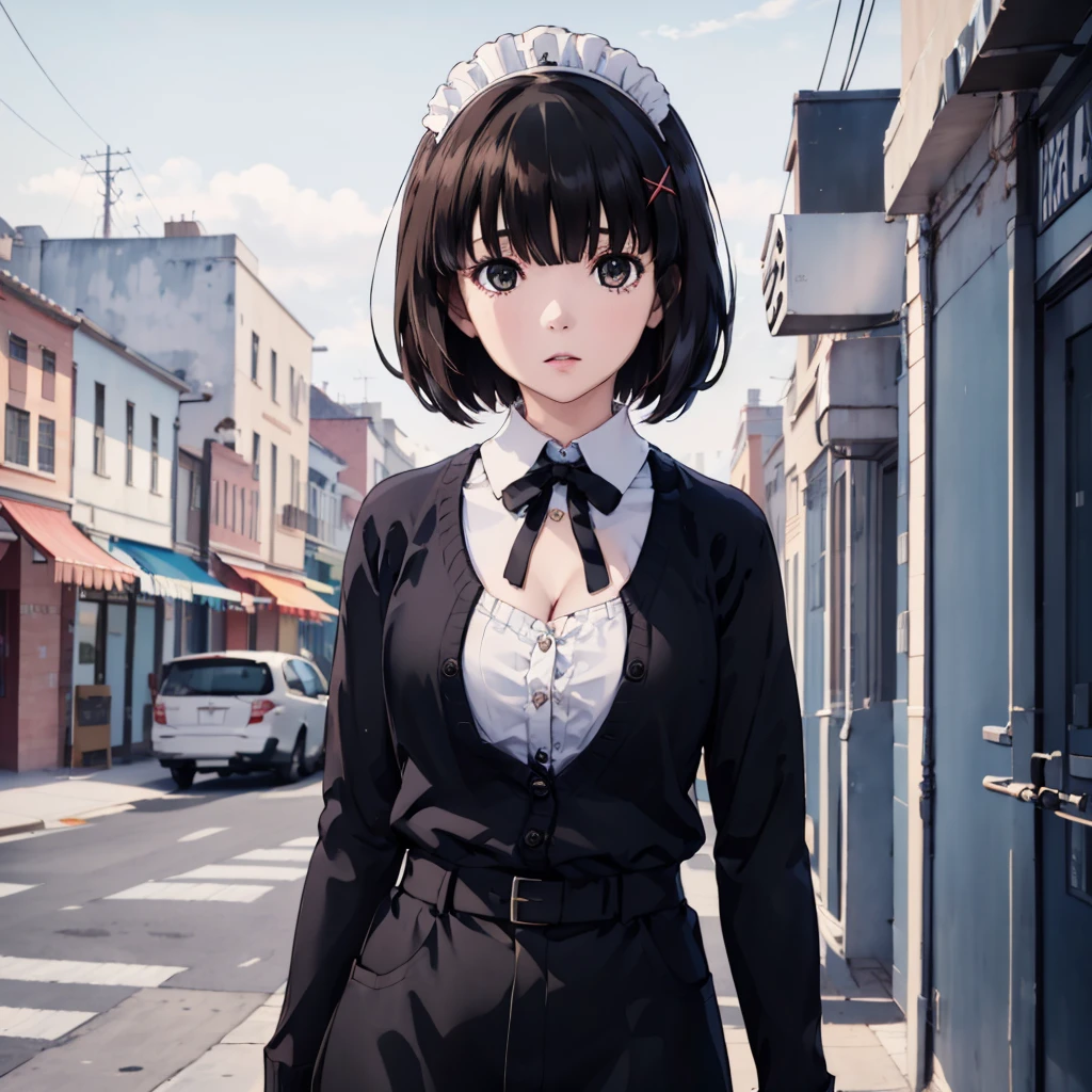 masterpiece,best quality,Ultra detailed,1girl,<lora:staingirl-000005:0.7>,staingirl,black cardigan,collared shirt,open clothes,open cardigan,shirt tucked in,black pants,brown eyes,<lora:rem_v1:0.3>,aarem,short hair,maid headdress,x hair ornament,hair ribbon,hair over one eye,large breasts,frills,neck ribbon,cleavage,dress,detached sleeves,white apron,waist apron,white pantyhose,