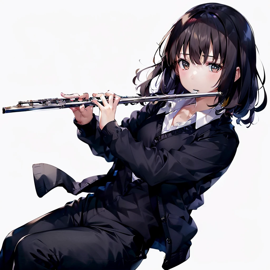 masterpiece,best quality,Ultra detailed,1girl,<lora:staingirl-000005:0.5>,staingirl,black cardigan,collared shirt,open clothes,open cardigan,shirt tucked in,black pants,brown eyes,<lora:brass_flute>, flute,playing flute,