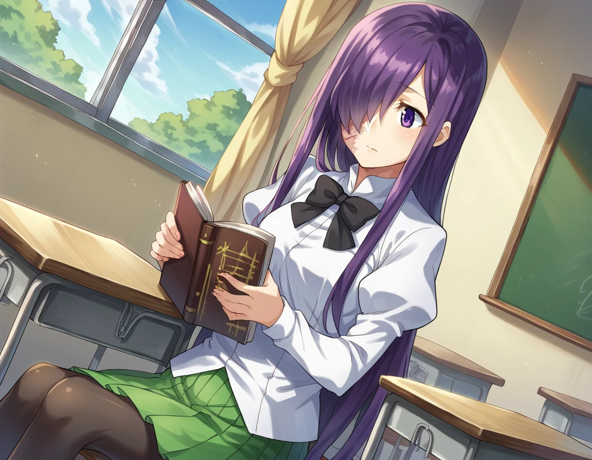score_9, score_8_up, score_7_up, source_anime,
hanakoikezawa, <lora:hanako-ikezawa-ingame-ponyxl-lora-nochekaiser:1>,
hanako ikezawa, hair over one eye, long hair, purple eyes, purple hair, scar,
pantyhose, school uniform, skirt, shirt, long sleeves, white shirt, juliet sleeves, green skirt, pleated skirt, bow, bowtie, black bowtie,
indoors, classroom, sitting, desk, chair, reading, book,
cowboy shot, dutch angle, solo,