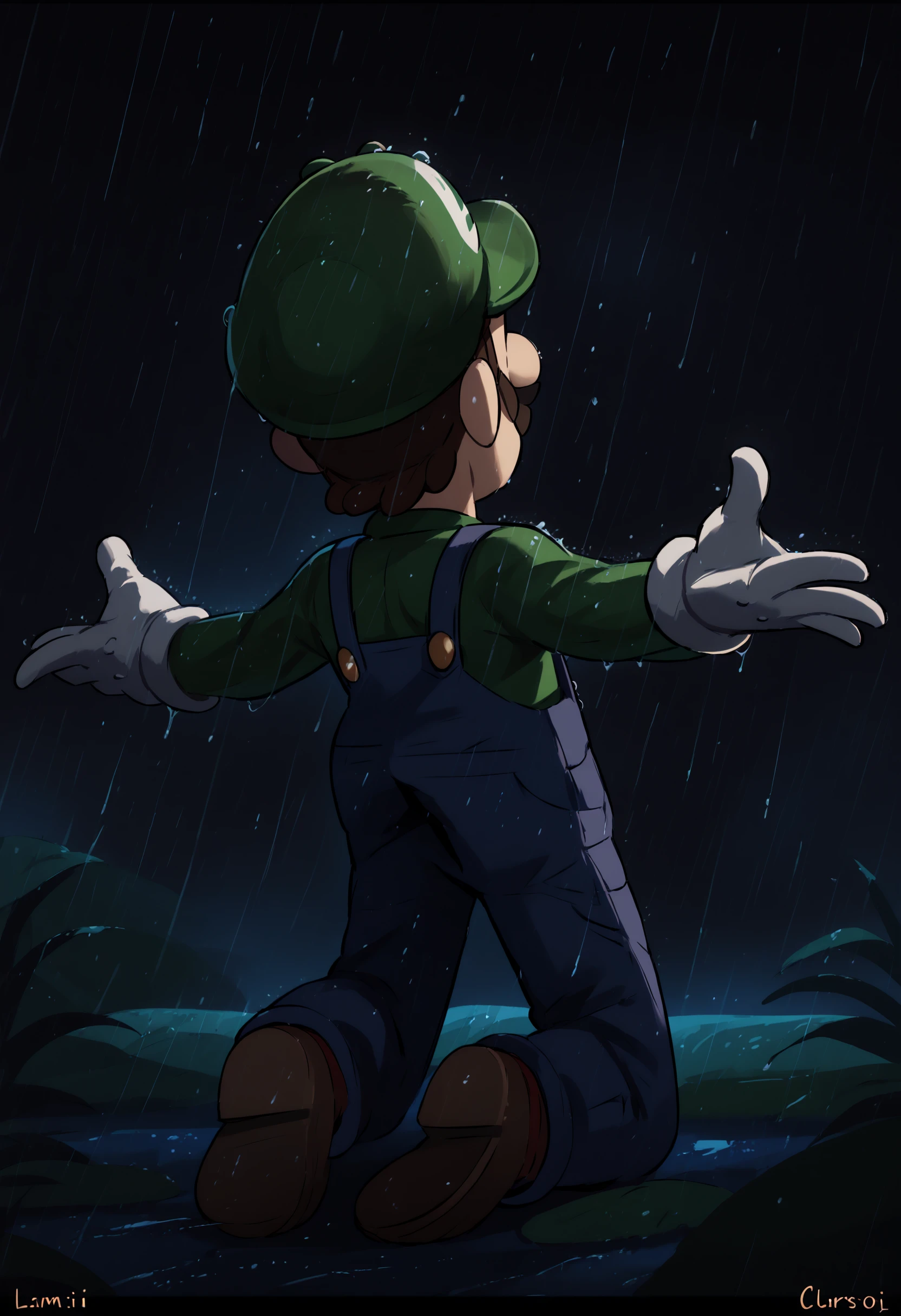 score_9, score_8_up, score_7_up, IncrsSRPoster, outstretched arms, rain, from behind, outdoors, <lora:ShawshankRedemptionPoster_XLPD:1>, english text, night, dramatical, epic, dark, kneeling, <lora:Luigi_XLPD:1> Incrsluigi, luigi, green headwear, blue overalls, white gloves, long sleeves