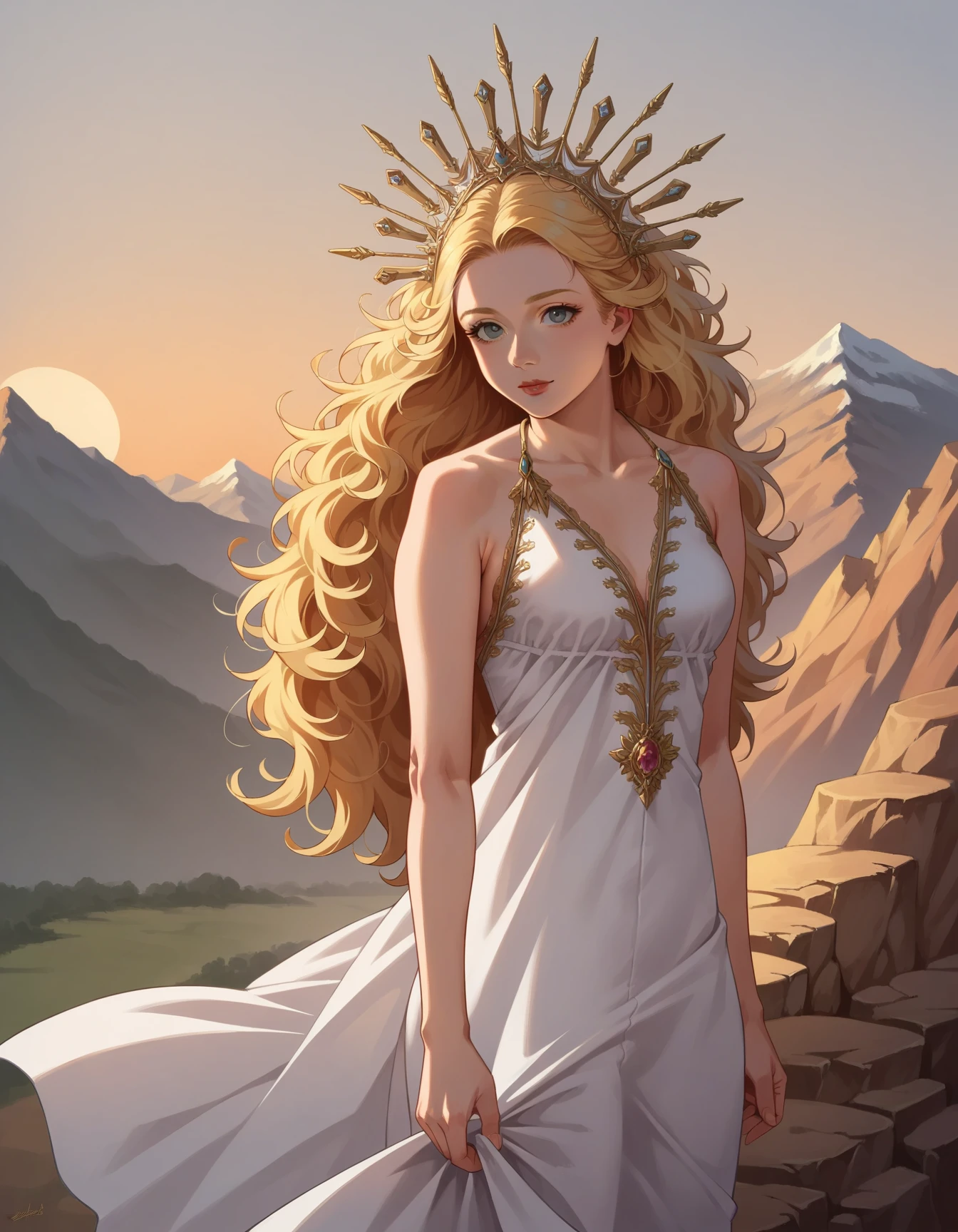 score_9, score_8_up, score_7_up, score_6_up, best quality, anime, 1girl, pale skin, long blonde hair, bangs, portrait, lipstick, hud_gdss_sn, white dress, gold trim, curly hair, looking at viewer, gold jewel headdress, <lora:sun_goddess-000008:0.8>, mountains, sunrise, standing on cliff, bare feet,