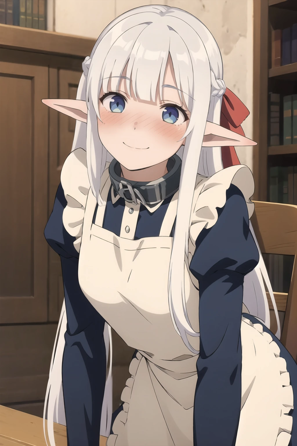 Nephelia, 1girl, pointy ears, blue eyes, very long hair, white hair, elf, apron, maid, collar, braid, dress, long sleeves, frills, blunt bangs, hair ribbon, leaning forward, nervous smile, blush, ear blush, <lora:Madome - Nephelia R3:0.8>