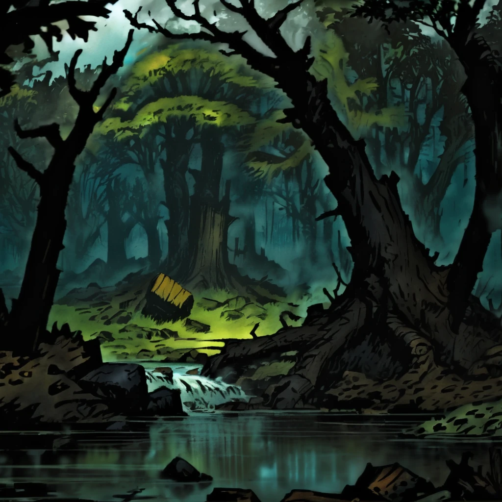 DarkestDungeon, gorgeous landscape, extremely detailed impressionistic painting, 19th century painting by John Longstaff, fantasy book cover art, glorious fantasy forest, lush, oak trees, tree stumps, boulders, streams, rivers, tree canopy, sunlight filtering through leaves, godrays