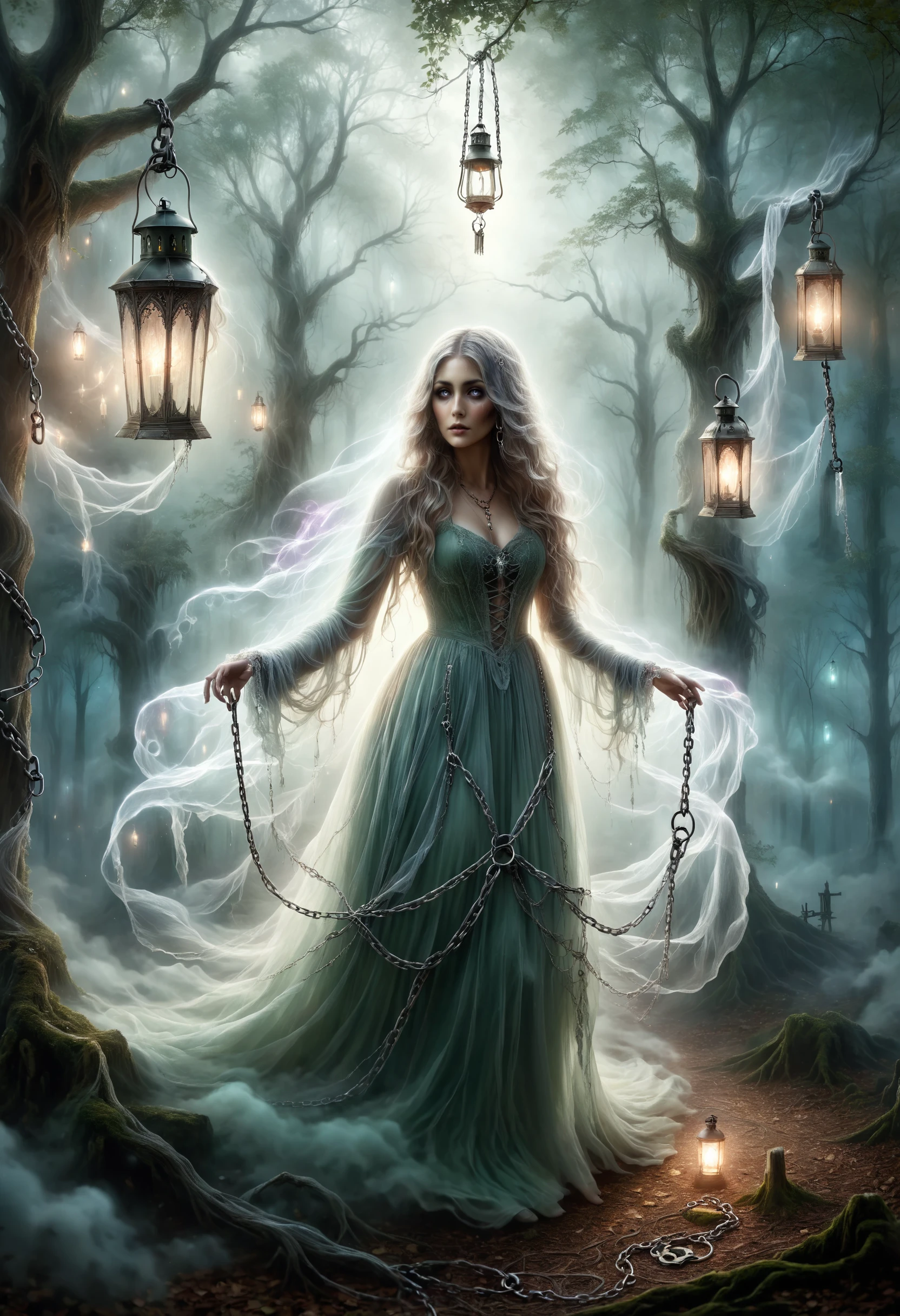 Victorian-era ghostly apparition, long flowing tattered gown, spectral appearance, vintage lantern, chains, shackles, eerie, spooky, ethereal, misty forest, haunted vibe
<lora:dvr-hgh-fnt:0.8> dvr-hgh-fnt