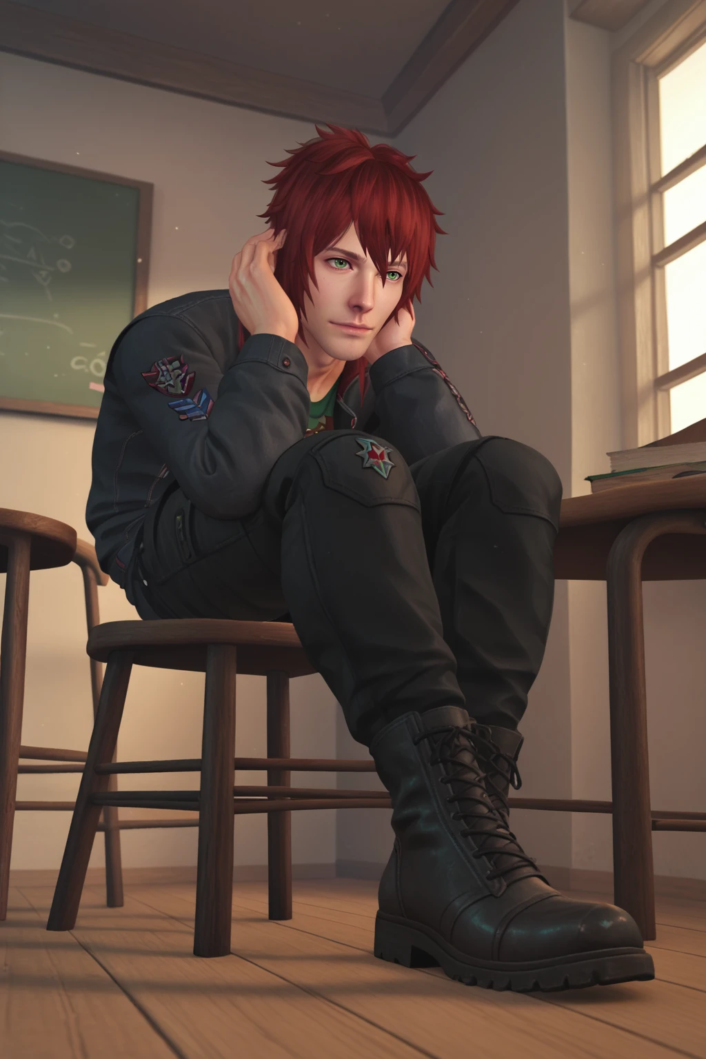 PonyXLV6_Scores , rnxdkxlz, solo, male focus, 1boy, red hair, boots, chair, desk, green eyes, hand on own head, head rest, indoors, jacket, pants, railing, sitting, sitting backwards, solo, stool, table , <lora:RanaHXV:0.8>