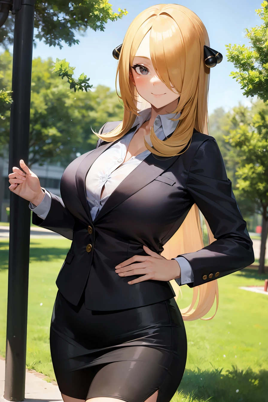 (masterpiece, best quality), 1girl, (solo), looking at viewer,
<lora:Cynthia (Ikuchan Kaoru)-offset:0.9>, cynthia-IK, blonde hair, hair ornament, hair over one eye, long hair, large breasts,
business suit, office lady, suit jacket, pencil skirt, mini skirt, blouse, frills, ribbed shirt, collared shirt, long sleeves,
smile, closed mouth,
nature, lampost, tree, park,