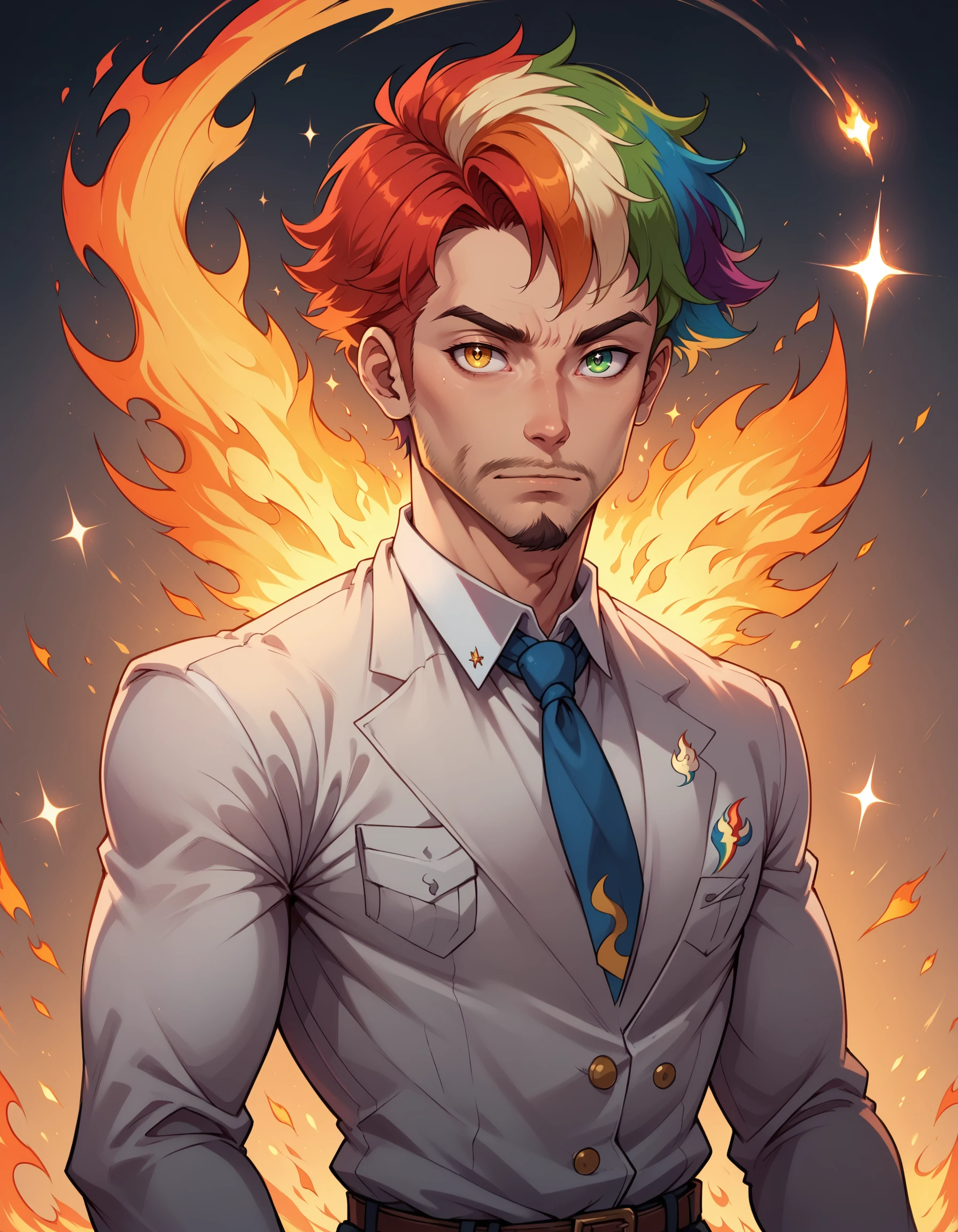 1boy, male focus, green eyes, heterochromia, yellow eyes, facial hair, beard, short hair, multicolored hair, two-tone hair, rainbow hair, looking at viewer, fire, flames, gradient, gradient background, sparkle, dspdxslme, zPDXL, <lora:NijiSlimePDXL:0.5>