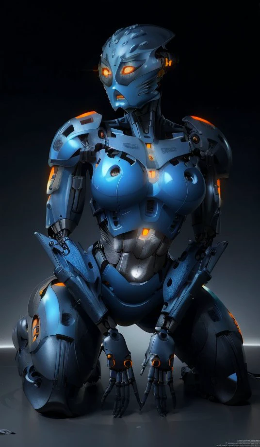 nokama, dynamic pose, kneeling, mask, yellow eyes, upper body, grey background, orange eyes, colored skin, robot, glowing eyes, science fiction, cropped torso, blue skin, alien, humanoid robot, full body, yellow eyes, 1girl, solo, large breasts, simple background, navel, lips, no humans, glowing, robot,  science fiction, humanoid robot, muscular, colored skin, looking down, abs, black background, toned, grey skin, alien,
<lora:Nokama_v2-10:0.9>