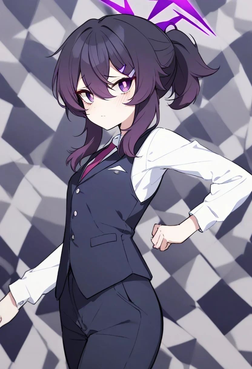 <lora:ps68_dress_v7:1>1girl, haruka \(suit\) \(blue archive\), halo, simple background, checkered background, looking at viewer, cowboy shot, shirt, vest, black pants