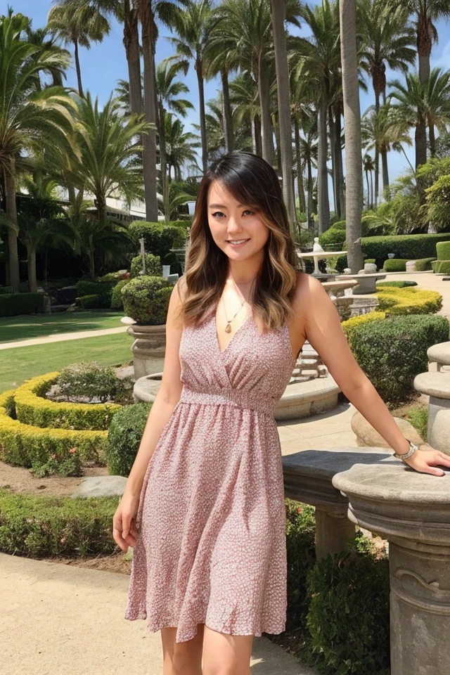 Photo of  (jeann1el33), outdoors during summer, elegant summer dress. <lora:jeannie_potastic_v1.0.1:0.725>