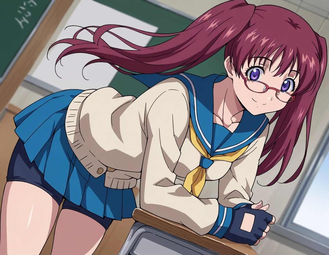 score_9, score_8_up, score_7_up, source_anime,
ringonoyamano, <lora:ringo-noyamano-s1-ponyxl-lora-nochekaiser:1>,
ringo noyamano, long hair, red hair, twintails, purple eyes, glasses, twintails,
skirt, gloves, school uniform, serafuku, fingerless gloves, cardigan, bike shorts, blue sailor collar, yellow neckerchief, long sleeves, blue skirt, pleated skirt,
indoors, classroom, smile, bent over,
cowboy shot, dutch angle, solo,