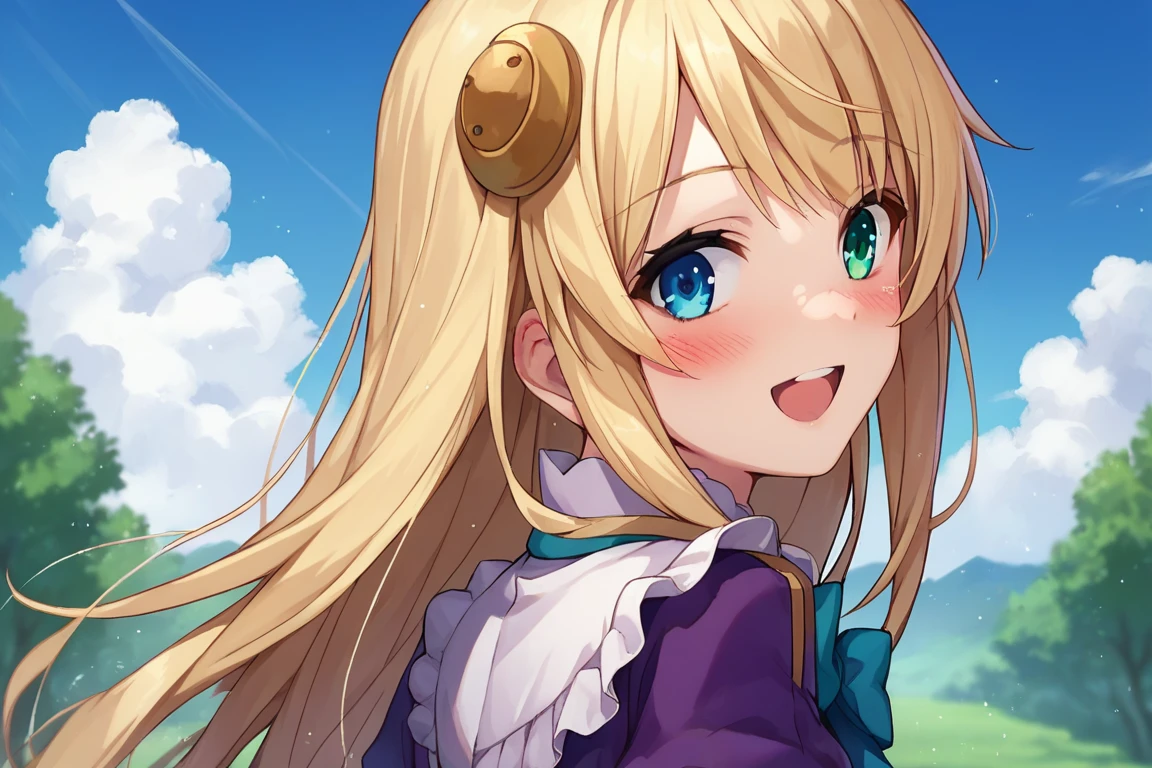 score_9, score_8_up, score_7_up, score_6_up, score_5_up, score_4_up, source_anime, wallpaper, BREAK yumina, 1girl, solo, upper body, from behind, back, portrait, looking at viewer, blonde hair, long hair, hair ornament, bangs, heterochromia, green eyes, blue eyes, embarrased, smile, open mouth, blush, frills, shirt, white shirt, blue ribbon, brooch, striped clothes, center frills, buttons, jacket, cropped jacket, purple jacket, puffy sleeves, long sleeves, outdoors, meadow, tree, blue sky, cloud,
<lora:Yumina_PonyXL_v1:0.8>