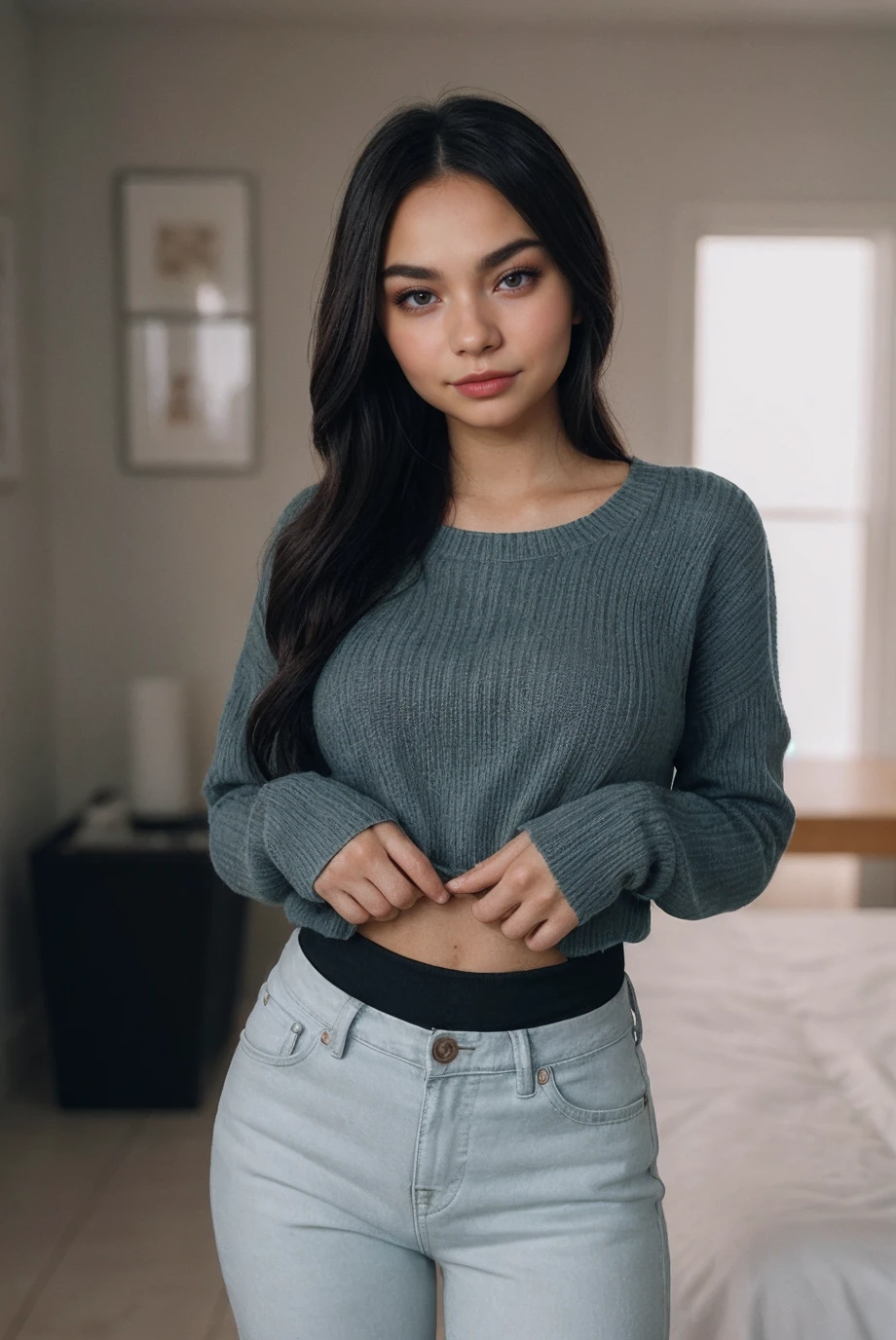 1 garota em, 19 anos, Sozinho, Cabelo longo, Colossal , olhando para o espectador, cabelo loiro, Ombros nus, olhos castanhos, joia, corpo todo, um colar, fora dos ombros, Sweaters, realista, Uma sexy