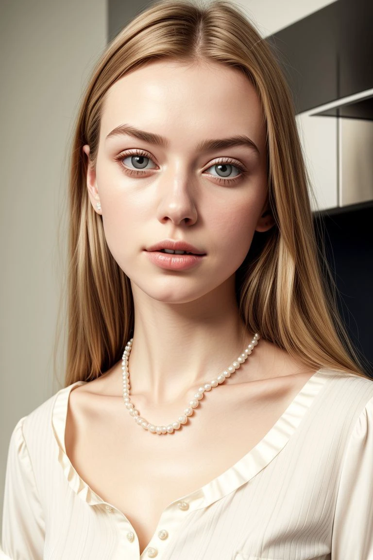 European woman, closeup, (shirt), pants, (kitchen), pearl necklace , ZM_adriana, wide shoulders, perfect face, (contact iris: 1.1), pale skin, skin pores , depth of field