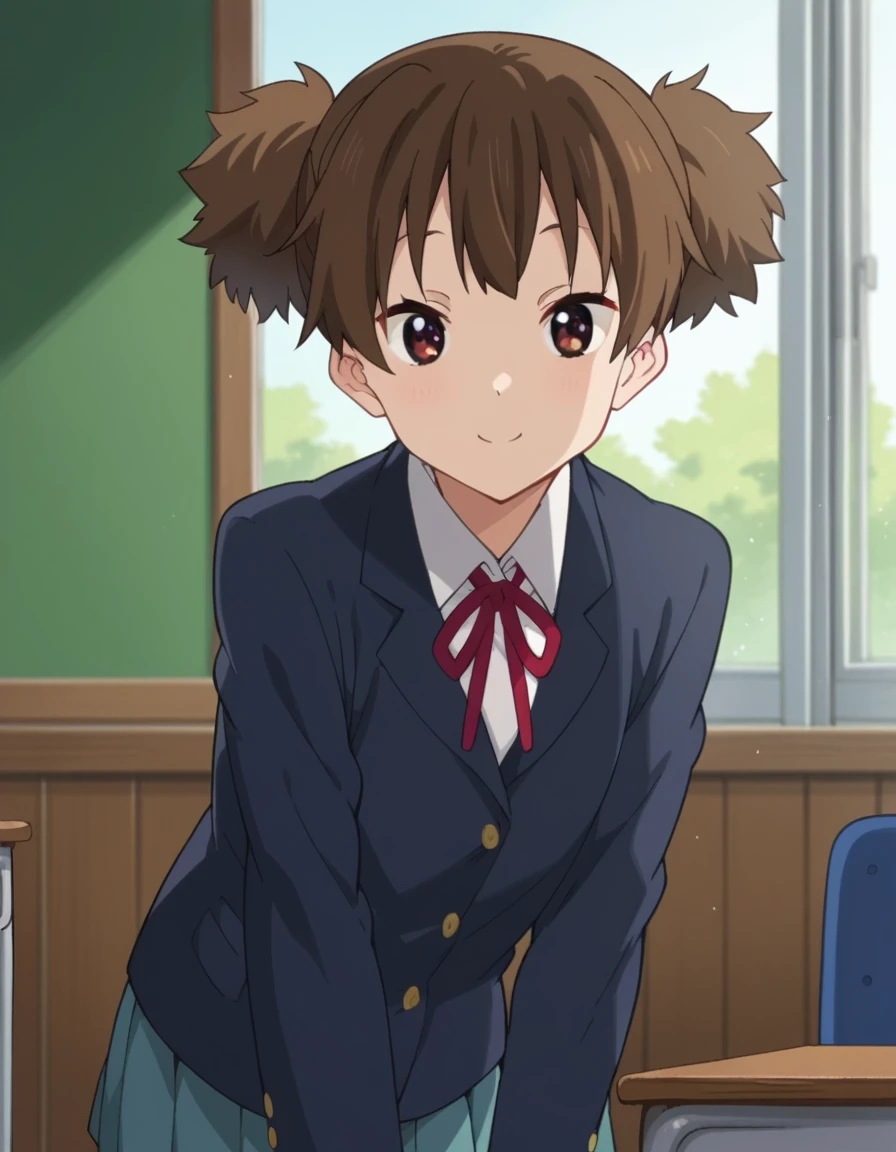 score_9, score_8_up, score_7_up, source_anime,
junsuzuki, <lora:jun-suzuki-s2-ponyxl-lora-nochekaiser:1>,
jun suzuki, short hair, brown hair, twintails, brown eyes, short twintails,
sakuragaoka high school uniform, school uniform, uniform, blazer, shirt, white shirt, collared shirt, skirt, pleated skirt,
indoors, classroom, bent over, smile,
looking at viewer, cowboy shot, dutch angle, solo,