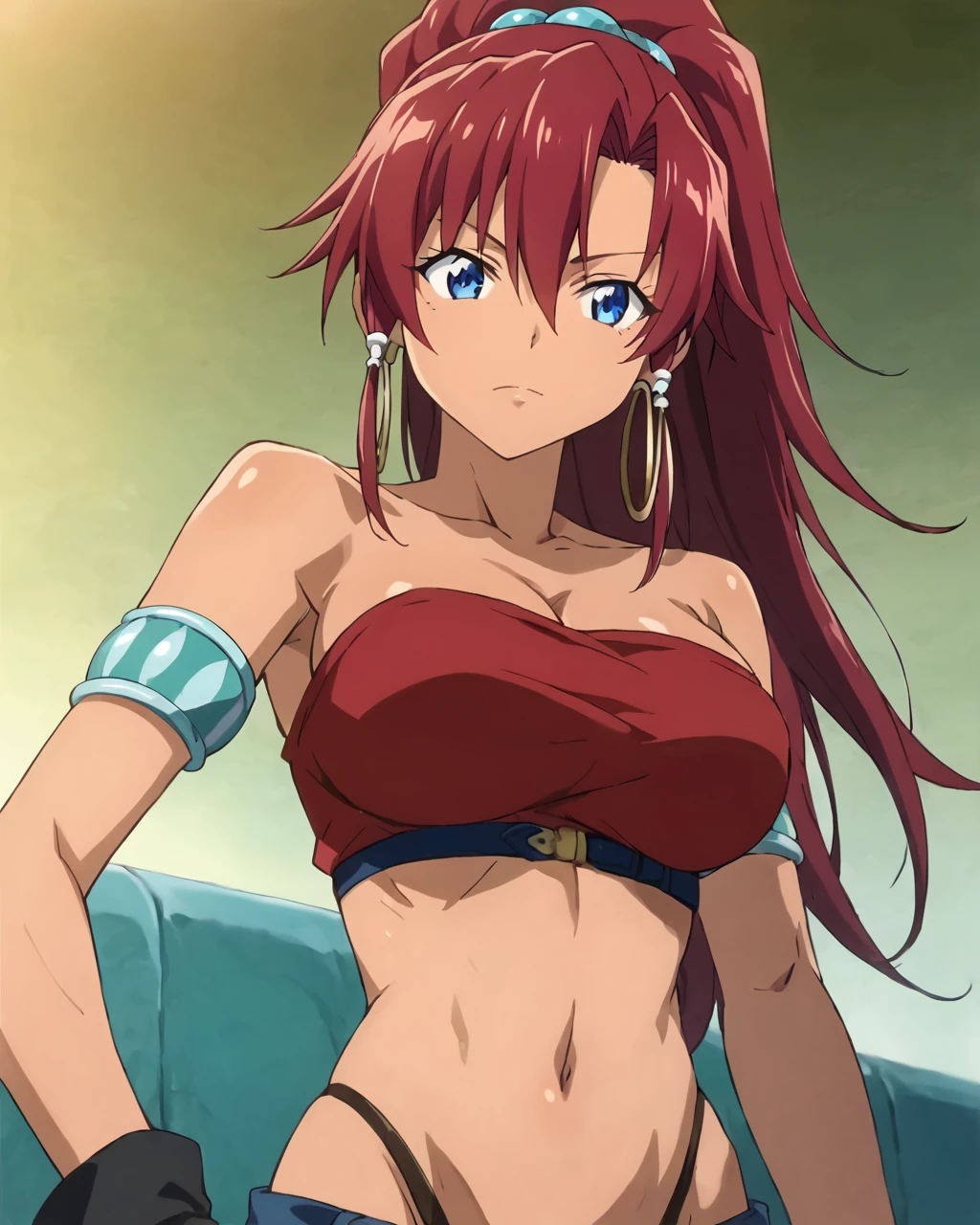 score_9, score_8_up, score_7_up, source_anime,masterpiece,best quality,highres,absurdres,official art,official style,source_anime,anime screencap,anime coloring,megami magazine,anime,animated,
shiny skin,large breasts,
 <lora:bellows:1> bellows, red hair, ponytail, blue eyes, dark skin, hoop earrings,hair beads, sidelocks,red tubetop,navel,armlet,gloves,