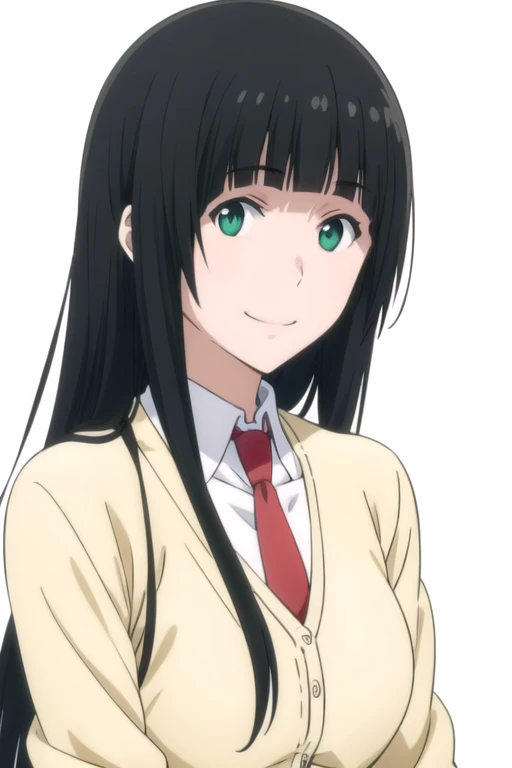 solo, 1girl, looking at viewer, 2D, anime, anime coloring, upper body, (simple background, solid white background:1.3), <lora:makoto-flyingwitch:0.8>, makoto kowata, cardigan, red necktie, school uniform, smile