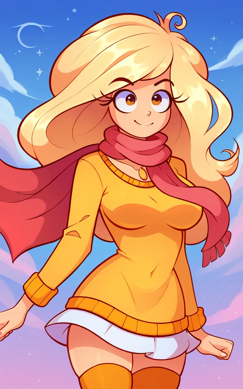 score_9, score_8_up, <lora:zelligxl-v2:1> 1girl, zellig_coco, long hair, blonde hair, medium breasts, yellow sweater, scarf, skirt, thighhighs