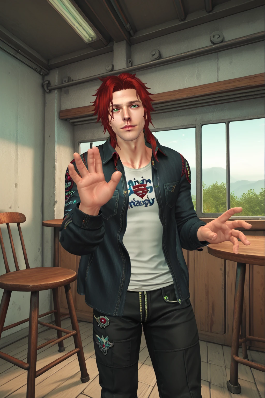 PonyXLV6_Scores , rnxdkxlz, 1boy, jacket, male focus, open clothes, open jacket, shirt, indoors, jacket, pants, railing, hands up, red hair, green eyes, solo, stool, table , <lora:RanaHXV:0.8>