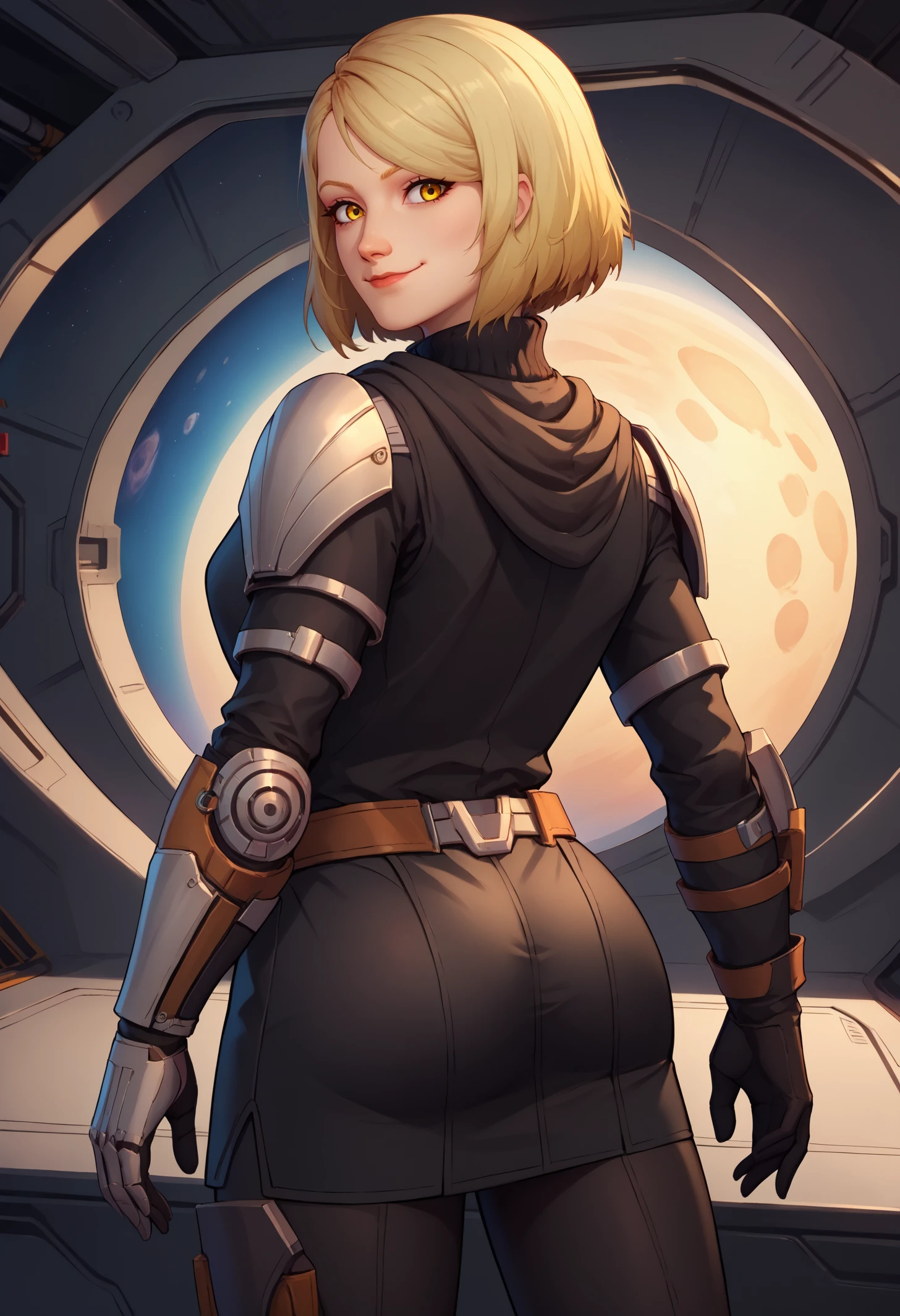 score_9, score_8_up, score_7_up, BREAK 1girl, solo, LanaBeniko, yellow eyes, medium hair, blonde hair, <lora:LanaBenikoPDXL_V1-Manityro-CAME:1.0>, indoors, space, spacecraft, science fiction,
looking at viewer, looking back, rear view, smile, closed mouth,
KotfeOutfit, turtleneck, scarf, shoulder armor, black sweater, long sleeves, asymmetrical gloves, belt, black skirt, black leggings,