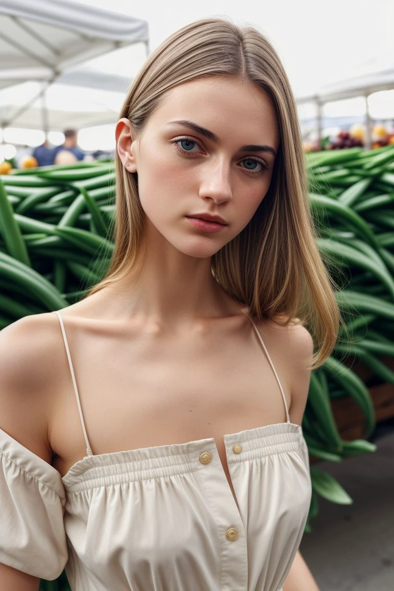 European woman, closeup, (shirt), pants, (farmer's market), (), ZM_berta, wide shoulders, perfect face, (contact iris: 1.1), pale skin, skin pores , depth of field
