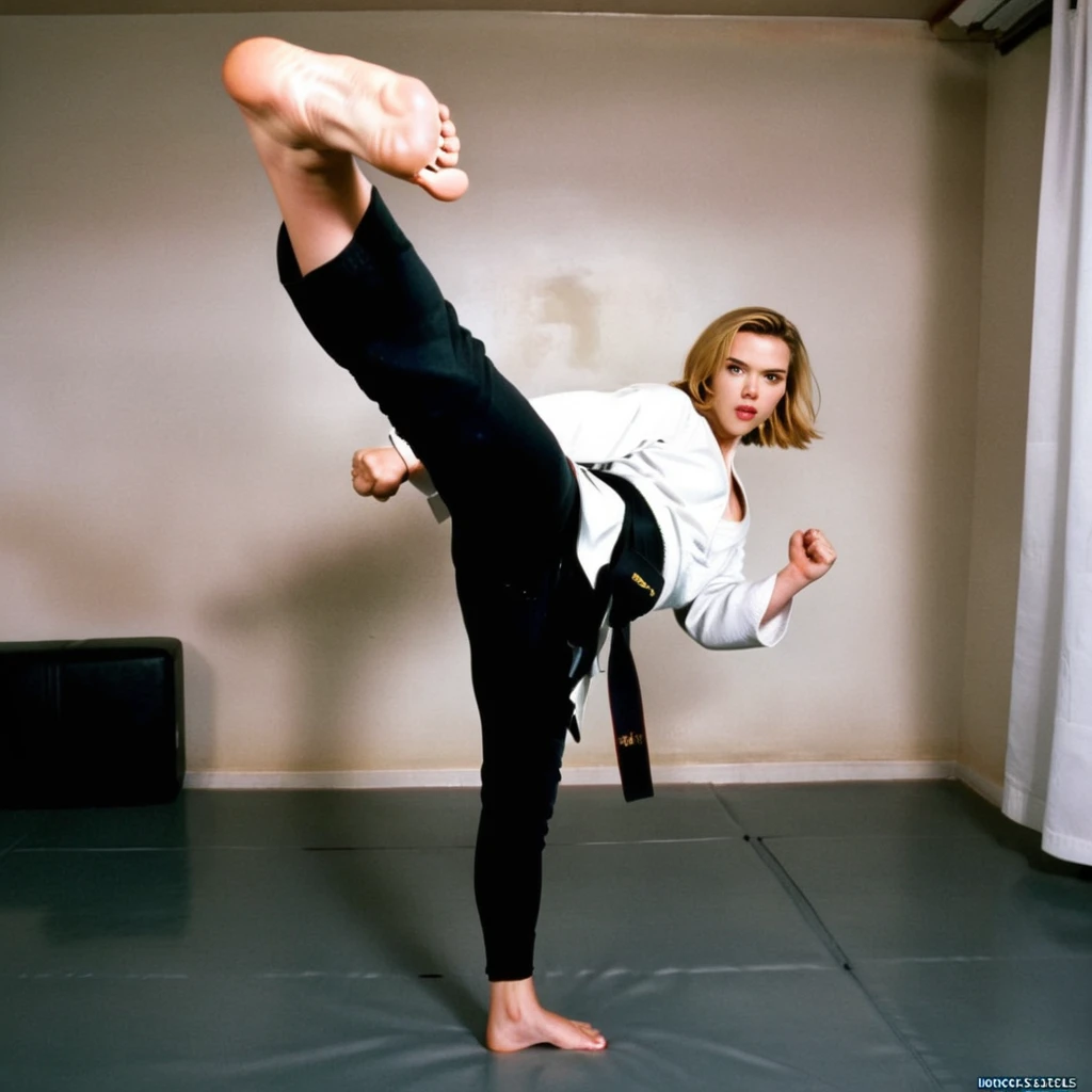 A Scarlett Ingrid Johansson, including a black belt, is performing a high kick.   <lora:kickGirl:0.7>,soles of feet