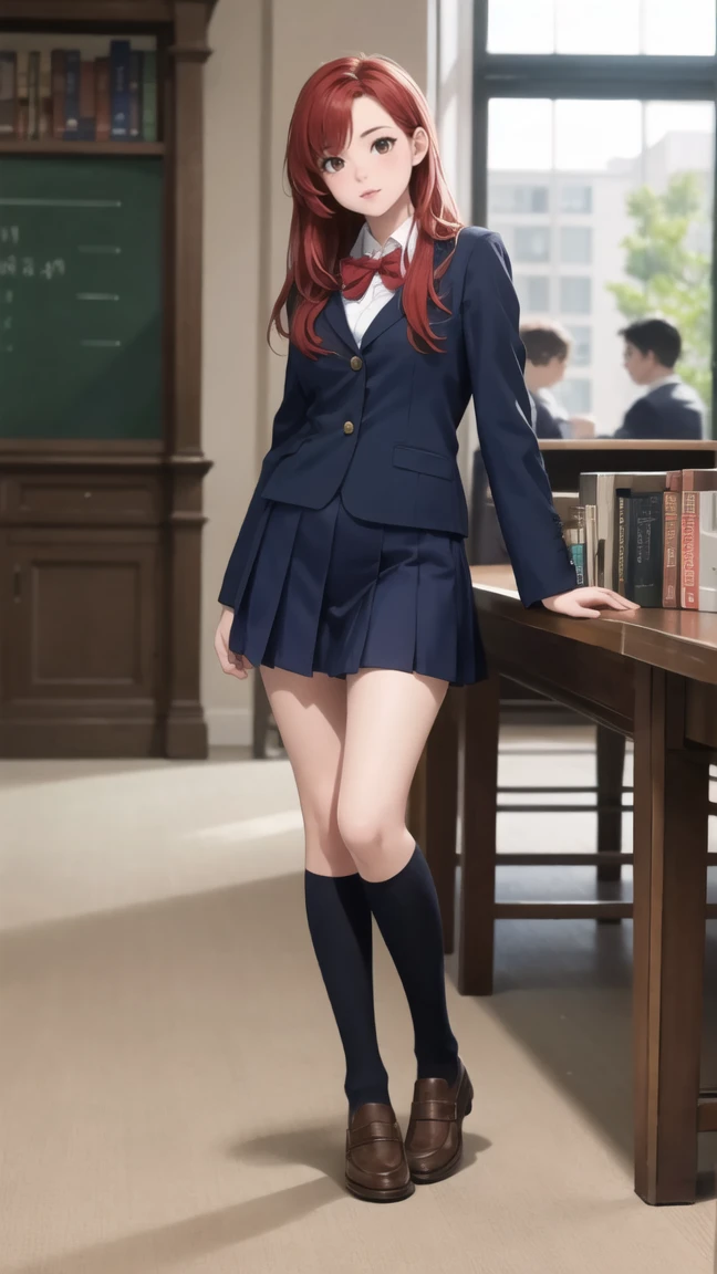a girl in lobby library, full body, school uniform, red hair, detail eyes, realistic, long hair, raw photo, full body,