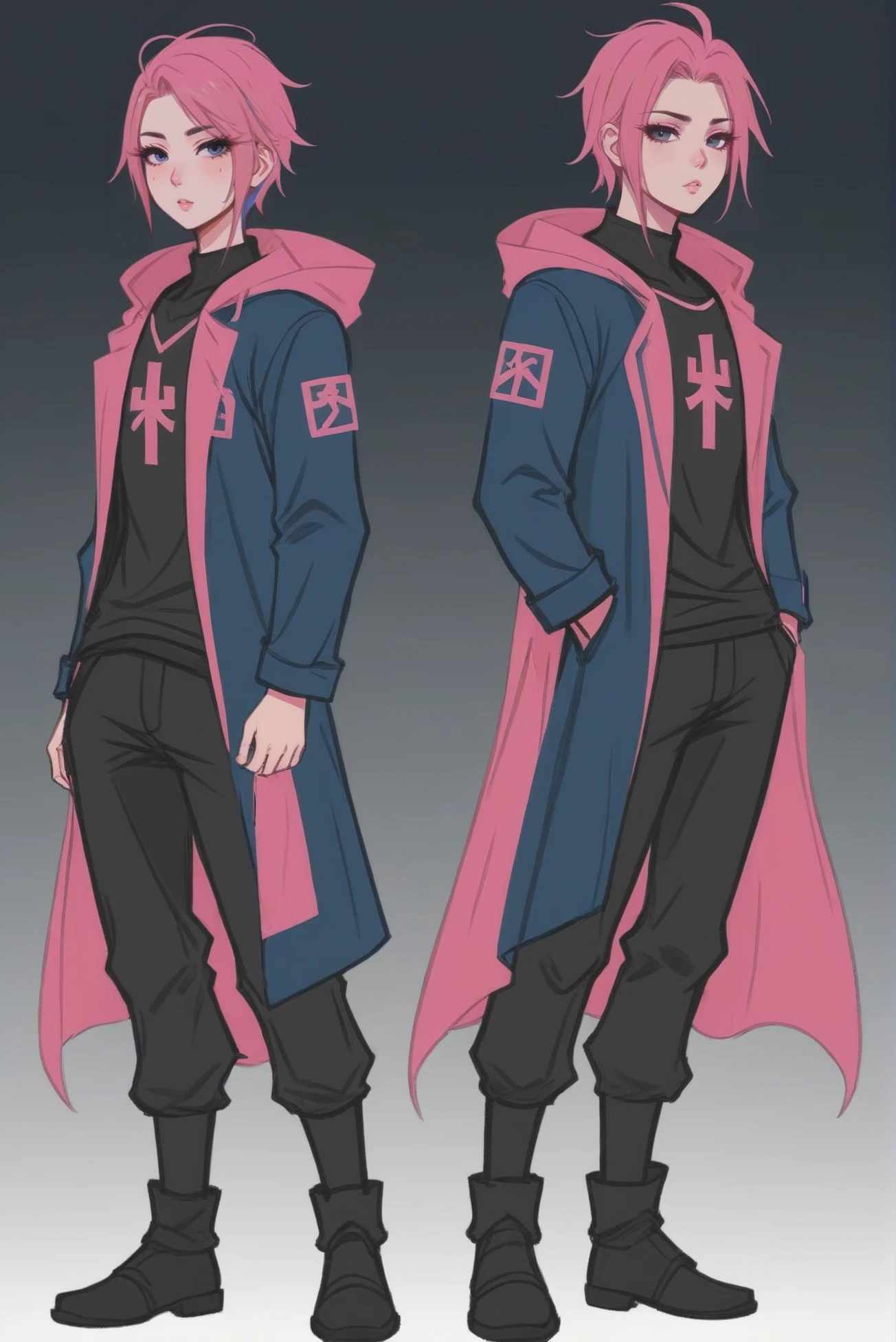 anime style, full body, character concept art, (full body:1.2), 1boy, man, handsome, solo, [:outlandish costume design,:0.2] crusader, mediumslateblue raincoat, power armor, (asian:1.3), neon deeppink hair, (average:1.1) build,<lora:EnvyStarlightBeauty09:1>