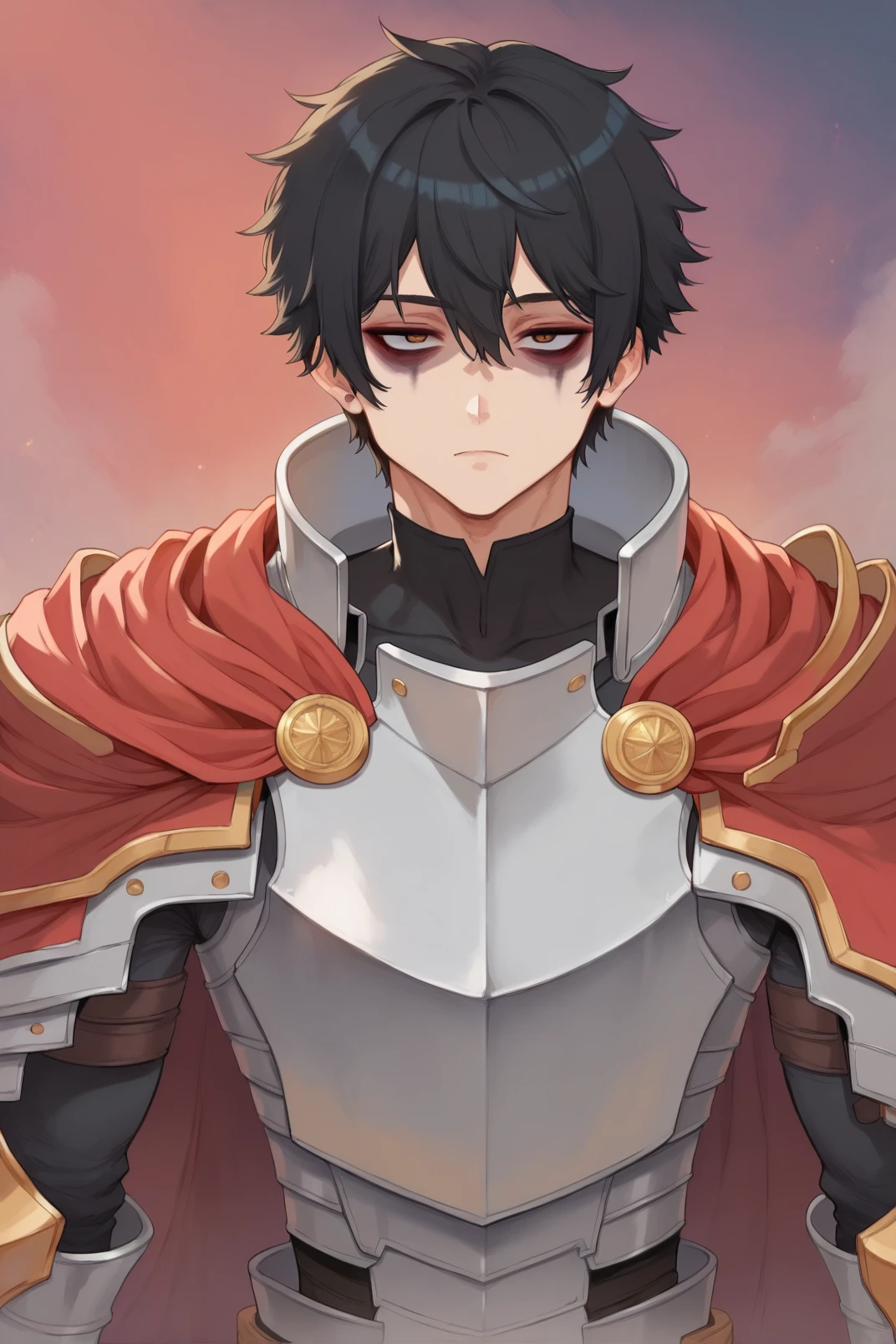 1boy, kim_minsu, bags under eyes, black hair, bangs, red cape, armor, shoulder armor, breastplate, <lora:Kim Minsu _Hero has Returned Pony XL-000002:0.8> ,  <lora:cutesexyronutts_style_xl:0.65> csr style, score_9, score_8_up, score_7_up,