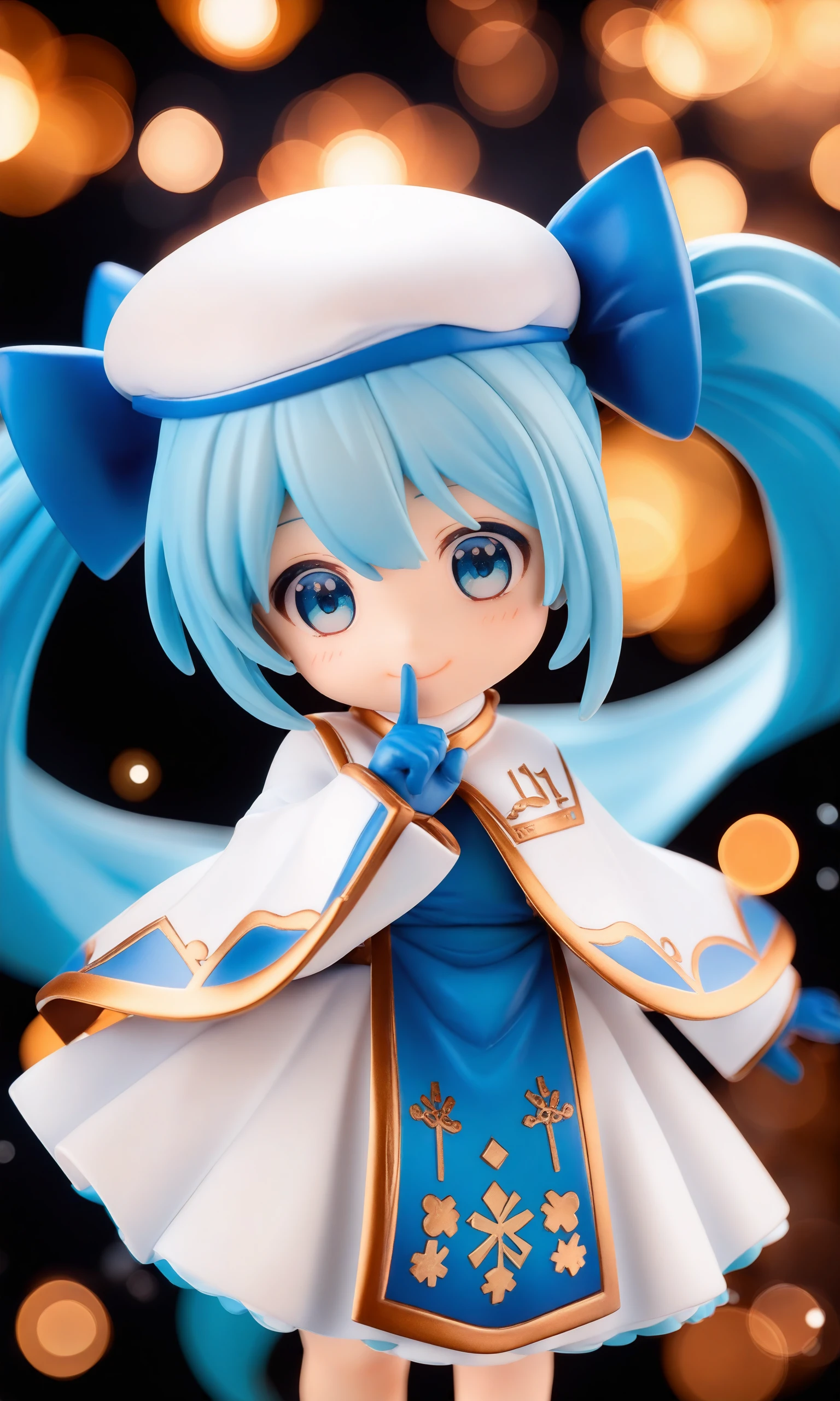 score_9,score_8_up,score_7_up,score_6_up,score_5_up,score_4_up,
chibi,nendoroid, 1girl,yuki miku,hatsune miku,blue gloves,hat,blue eyes,blue hair,chibi,twintails,gloves,long hair,beret,hair ornament,snowflake print,solo,white headwear,smile,bow,dress,looking at viewer,blue bow,musical note hair ornament,light blue hair,very long hair,hair bow,white dress,treble clef,tabard,braid,gold trim,musical note,blurry,hand up,black background,capelet,blue tabard,finger to mouth,fur trim,standing,long sleeves,bokeh,snowflakes,blurry background,depth of field,a figurine with blue hair and blue eyes,q posket,nendoroid eyes,nendroid,half figure shot,high detail!!,style as nendoroid,with gorgeous detailed eyes,macro view,adorable appearance!!!,