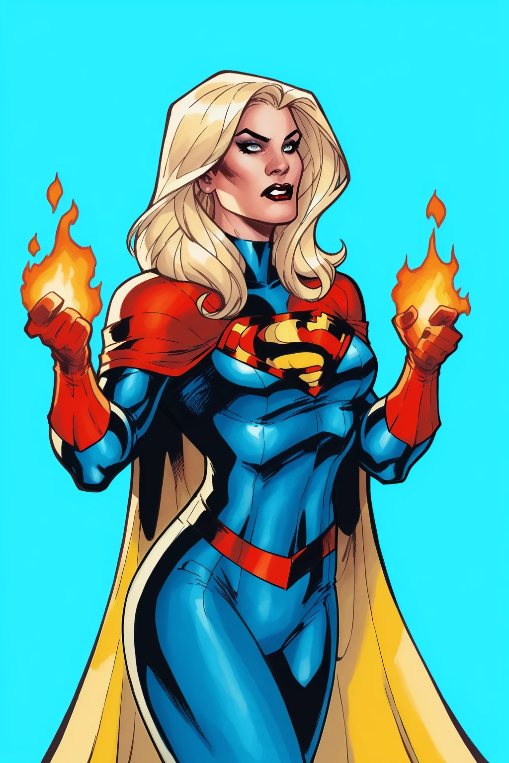 PonyXLV6_Scores , TerryDodson Style, 1girl, blonde hair, blue background, bodysuit, cape, fire, gloves, hood, lips, lipstick, long hair, makeup, medium breasts, simple background, solo, superhero, PnyCmicXLPOS, OseaPDXLEnhance, <lora:TerryDodsonPDXL:1>