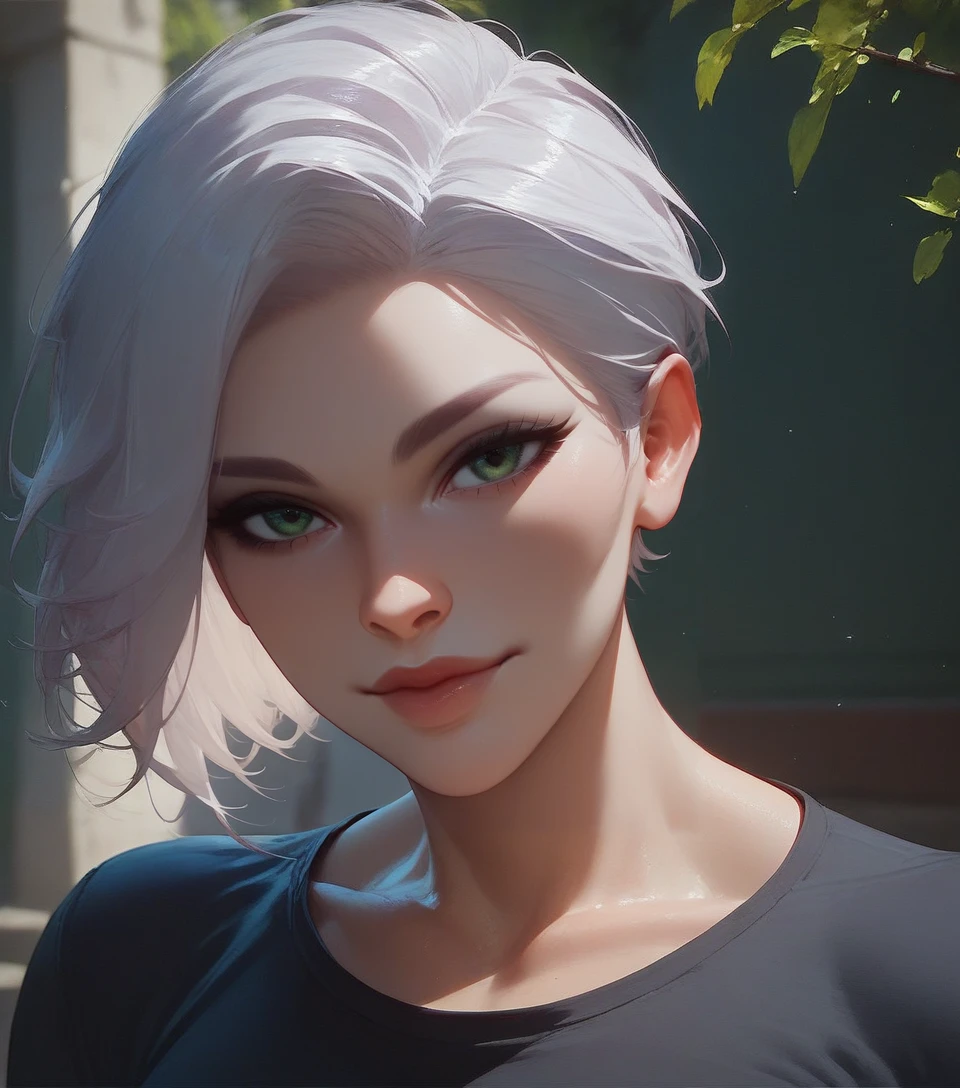 score_9, score_8_up, score_7_up, Score_6_up, Score_5_up, Score_4_up, Runa, 1girl, solo, white hair, athletic, green eyes, close-up, background, outdoors, backlight, smile, t-shirt, looking at viewer, <lora:Runa:0.8>