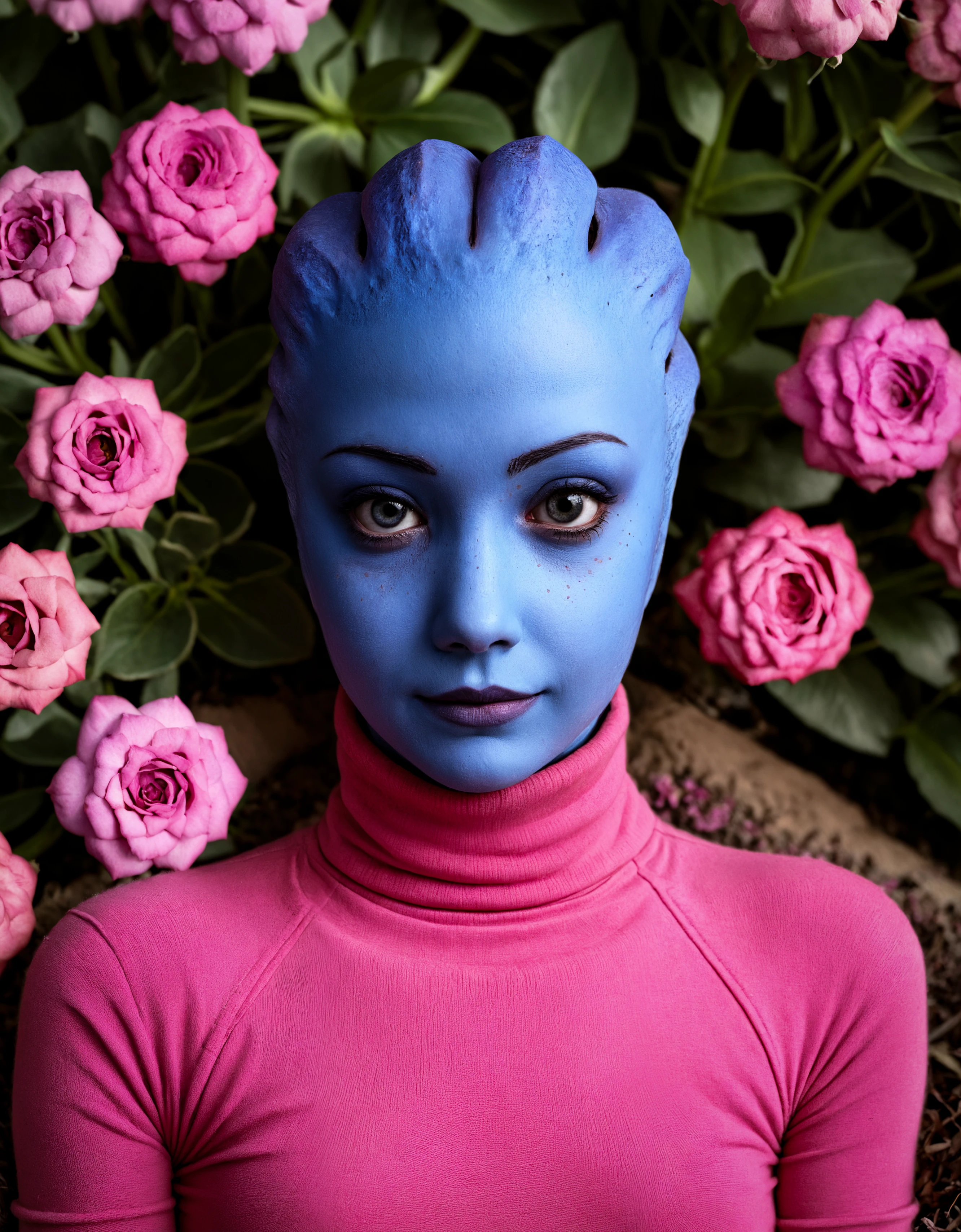 (zavy-liara:1.3), glamour shot of a beautiful young asari lying in pink turtleneck in flowerbed, looking at viewer, subsurface scattering, clean, portrait, fabric, small breasts,