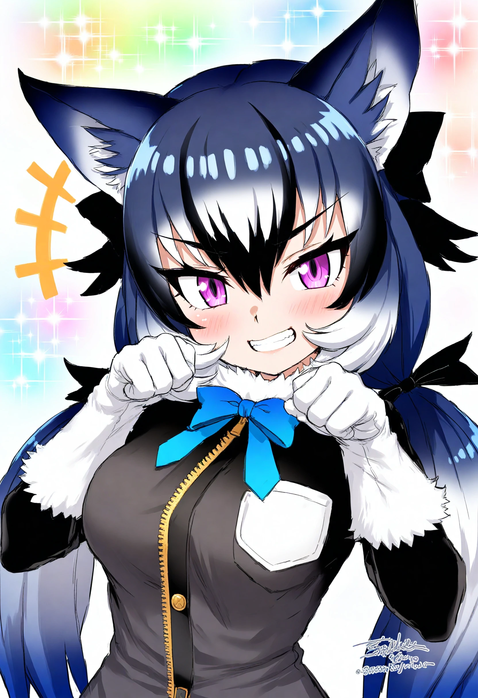 1girl,
dire wolf \(kemono friends\), kemono friends,
very long hair, blue bow, smile, gloves, breast pocket, bow, multicolored hair, solo, blush, animal ears, blue hair, purple eyes, dress shirt, black sleeves, white background, bowtie, paw pose, black bow, hair bow, shirt, black shirt, upper body, black hair, looking at viewer, grin, zipper, pocket, sparkle, simple background, long hair, signature, white gloves, +++,
masterpiece, best quality, newest, absurdres, sensitive
