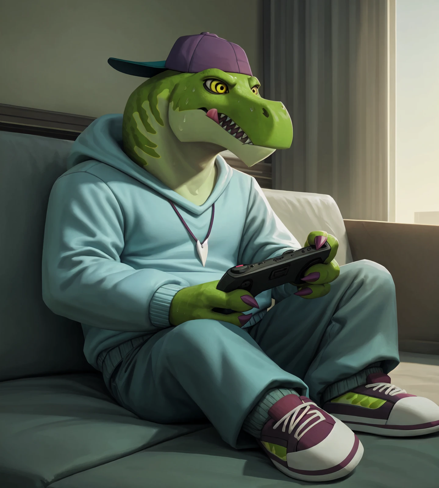 this photograph depicts a kan3 sitting on a couch playing a video game,controller, holding controller, focused, licking lips, three-quarter view, cute expression, kan3, scalie, reptile, anthro, feet,claws,backwards hat, male,solo, 3 fingers, detailed eyes, black pupils, sharp yellow eyes,hoodie,tooth necklace, green bottomwear, footwear, sneakers, scales, detailed scales, sweat, sharp teeth, cinematic lighting, symmetrical,4k, hi res, insanely detailed, detailed background, inside, realism shading,natural light,realistic, realism, photorealistic, photorealism, by lynncore, by k0bit0wani, <lora:kan3_YM:0.8>