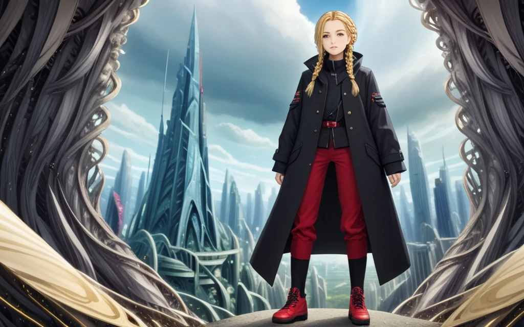 (2d modern anime style:1.9), (rule of thirds composition:1.55), woman, standing, solo, black coat, red pants, shoes, fractal sci-fi scene, roots, clouds, dark clouds, sky, braided hair, long blonde hair, face, cute, (lively eyes:1.1), detailed eyes