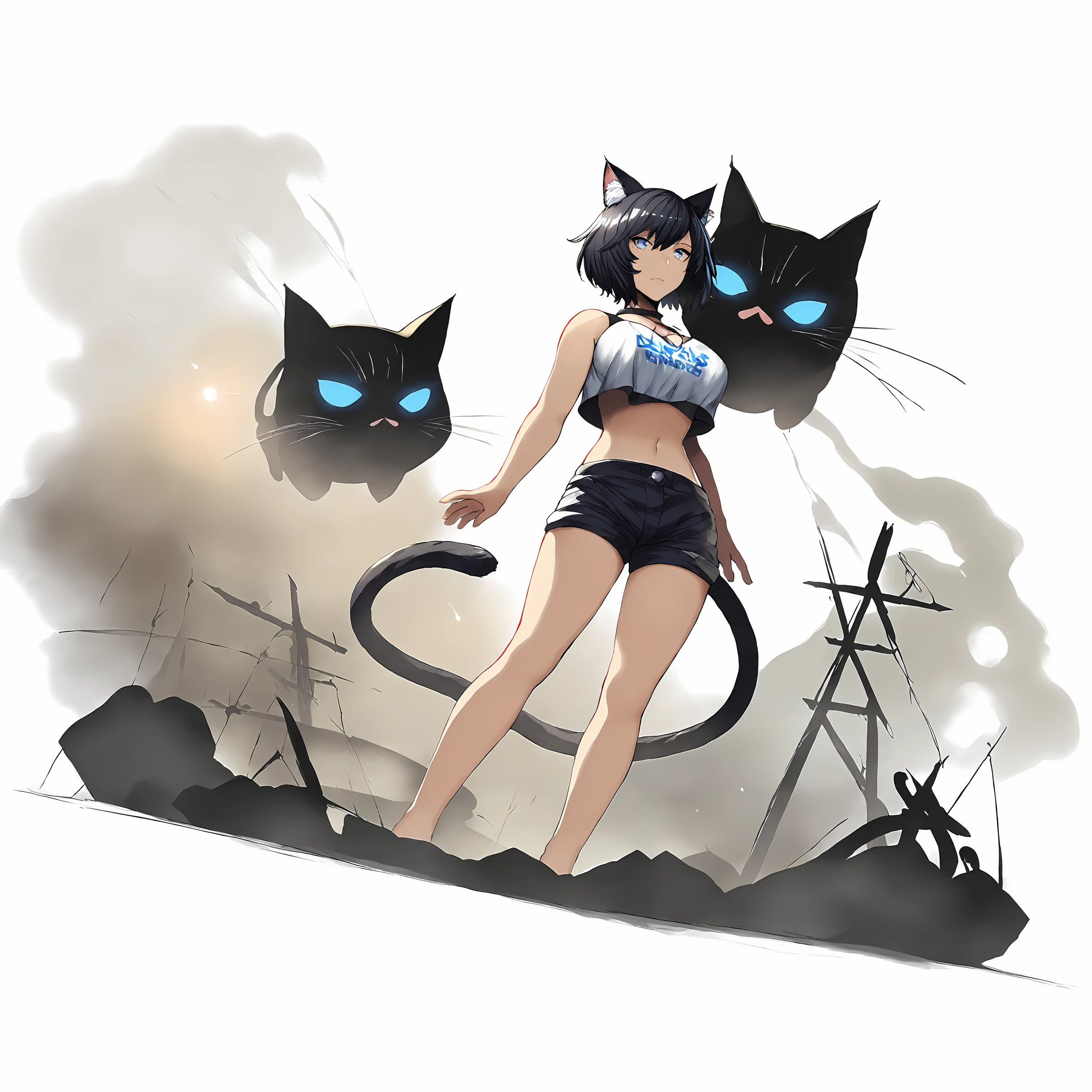 score_9,
<lora:gachasplash_v1_pruned:1>, white background, full body, 
<lora:belko_lite:1>, 
1girl, cat girl, large breasts, black hair, medium hair, blue eyes, 
crop top, shorts, 
darkness, fog,
high resolution, Masterpiece,
uncensored, rating_explicit,