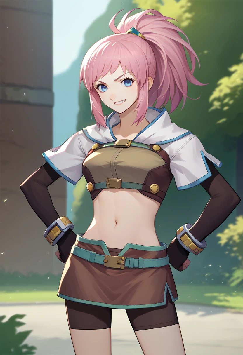 score_9, score_8_up, score_7_up, source_anime, solo, 1girl, feliciarnd, grin, looking at viewer, standing, hands on own hips, pink hair, ponytail, blue eyes, ragnarokhunter, white jacket, brown shirt, crop top, short sleeves, elbow gloves, fingerless gloves, brown skirt, miniskirt, shorts under skirt, brown shorts, bike shorts, midriff, outdoors <lora:attire_ro_hunter_ponyXL:1> <lora:felicia-fe-richy-v1_xl:0.9>