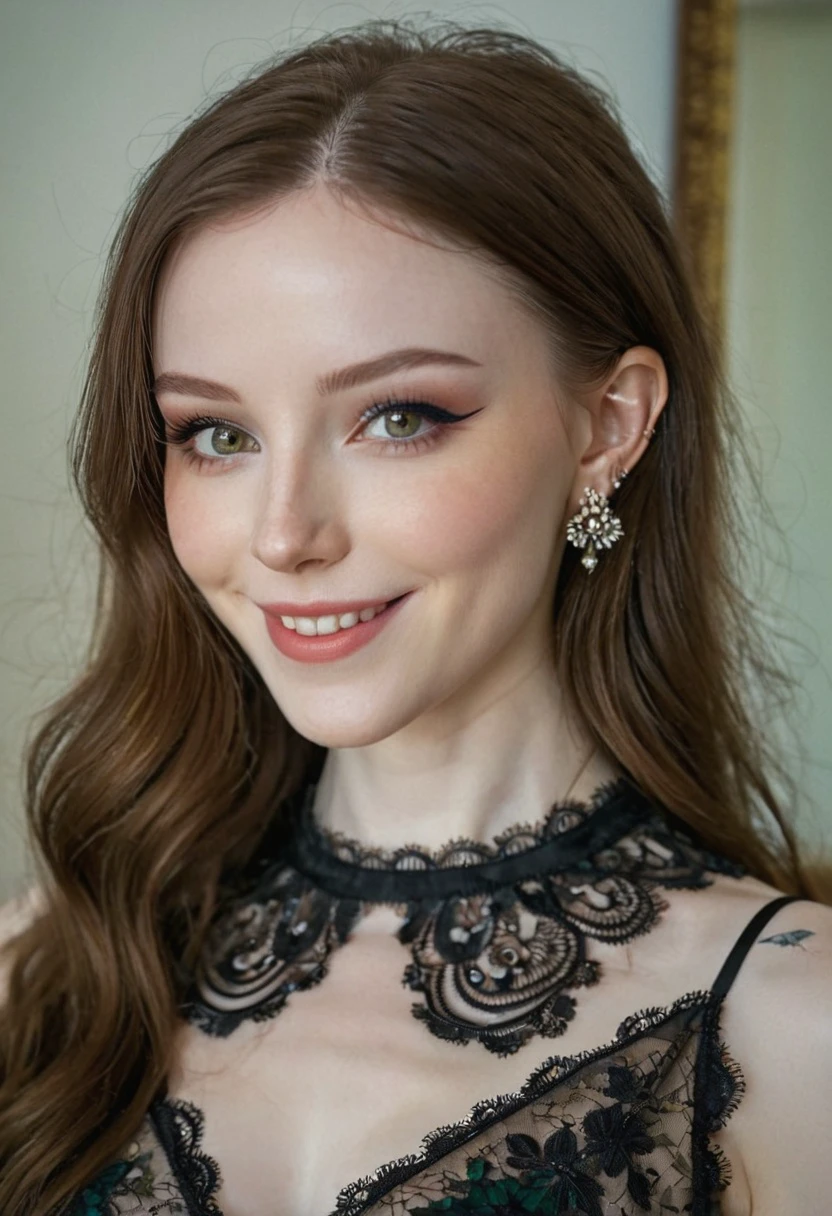 	Dainty, wearing dress, smile, eyeliner, eye makeup, pale skin, 8k, very detailed