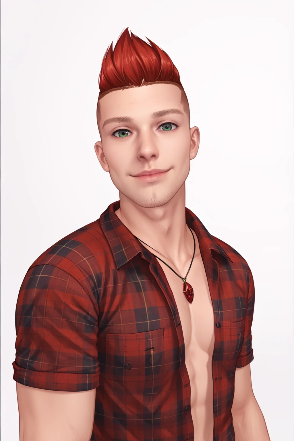 PonyXLV6_Scores , rnxdkxlz, solo, male focus, 1boy, red hair, looking at viewer, shirt, jewelry, necklace, plaid shirt, facial hair, plaid, white background, simple background, lips, smile, red shirt , spiked hair, green eyes, <lora:RanaHXV:0.8>