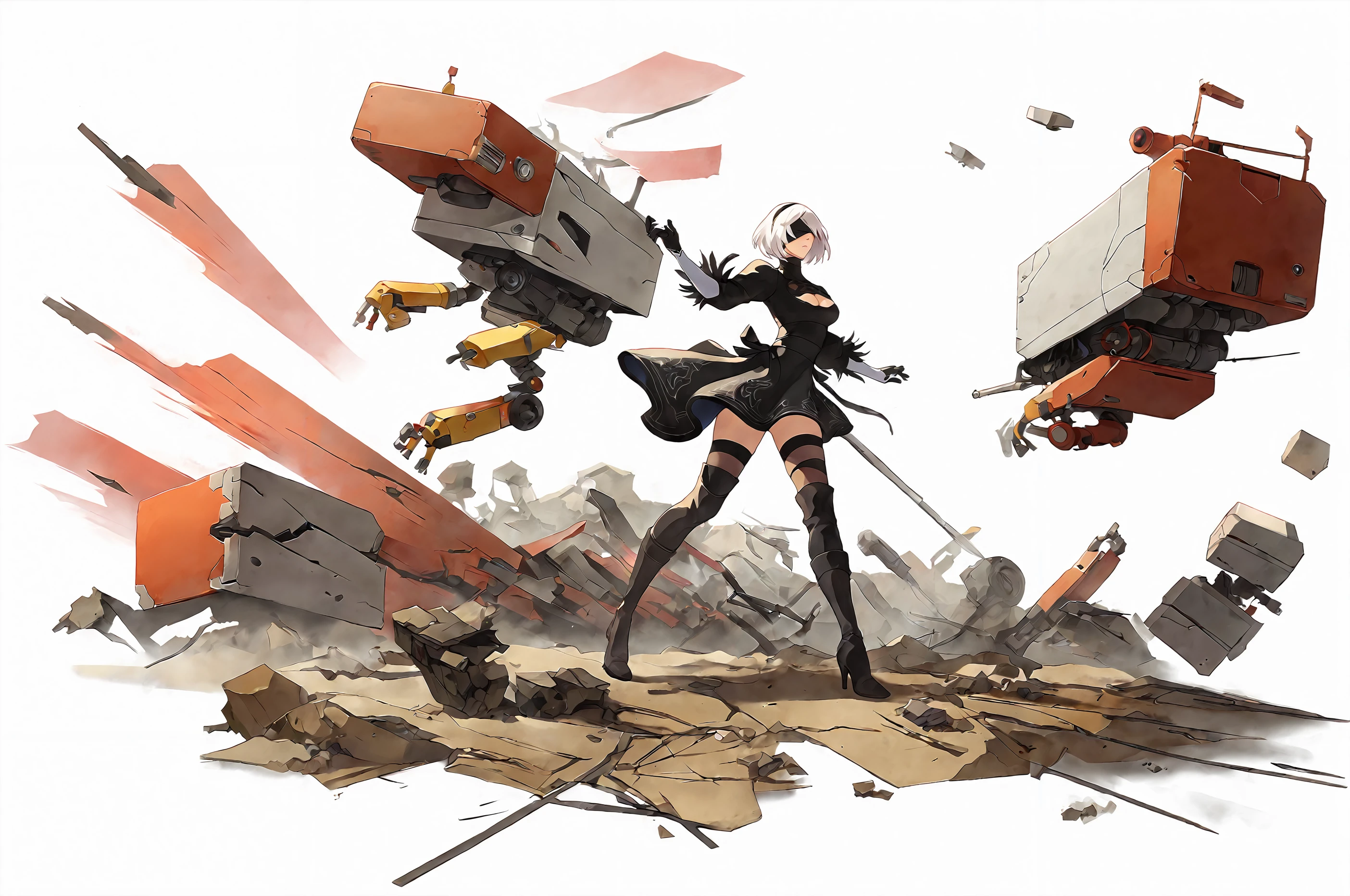 score_9,
<lora:gachasplash_v1_pruned:0.9>, white background, full body, 
2b \(nier:automata\), white hair, medium hair, 
machinery, weapons, 
1girl, rubble, scrap,
high resolution, Masterpiece