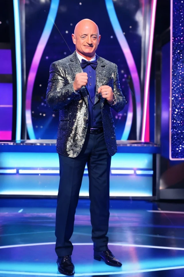 mark kelly <lora:senate_006_mark_kelly:0.65> , face closeup, face focus, shirt, formal, suit, collared shirt, white shirt, jacket,
Dressed in a flashy game show host outfit with a bow tie and sparkly jacket, standing on a game show set, spinning a large prize wheel,
best quality, masterpiece, HDR, professional, studio quality, highres,