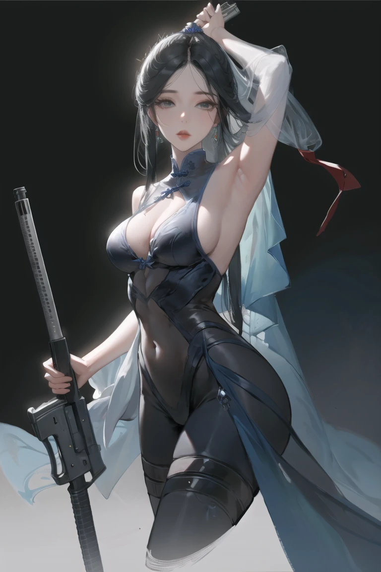(masterpiece),best quality,guigubahuang,chinese style,oil painting \(medium\)ï¼1girl, weapon, solo, gun, bodysuit, holding, handgun, holding weapon, holding gun