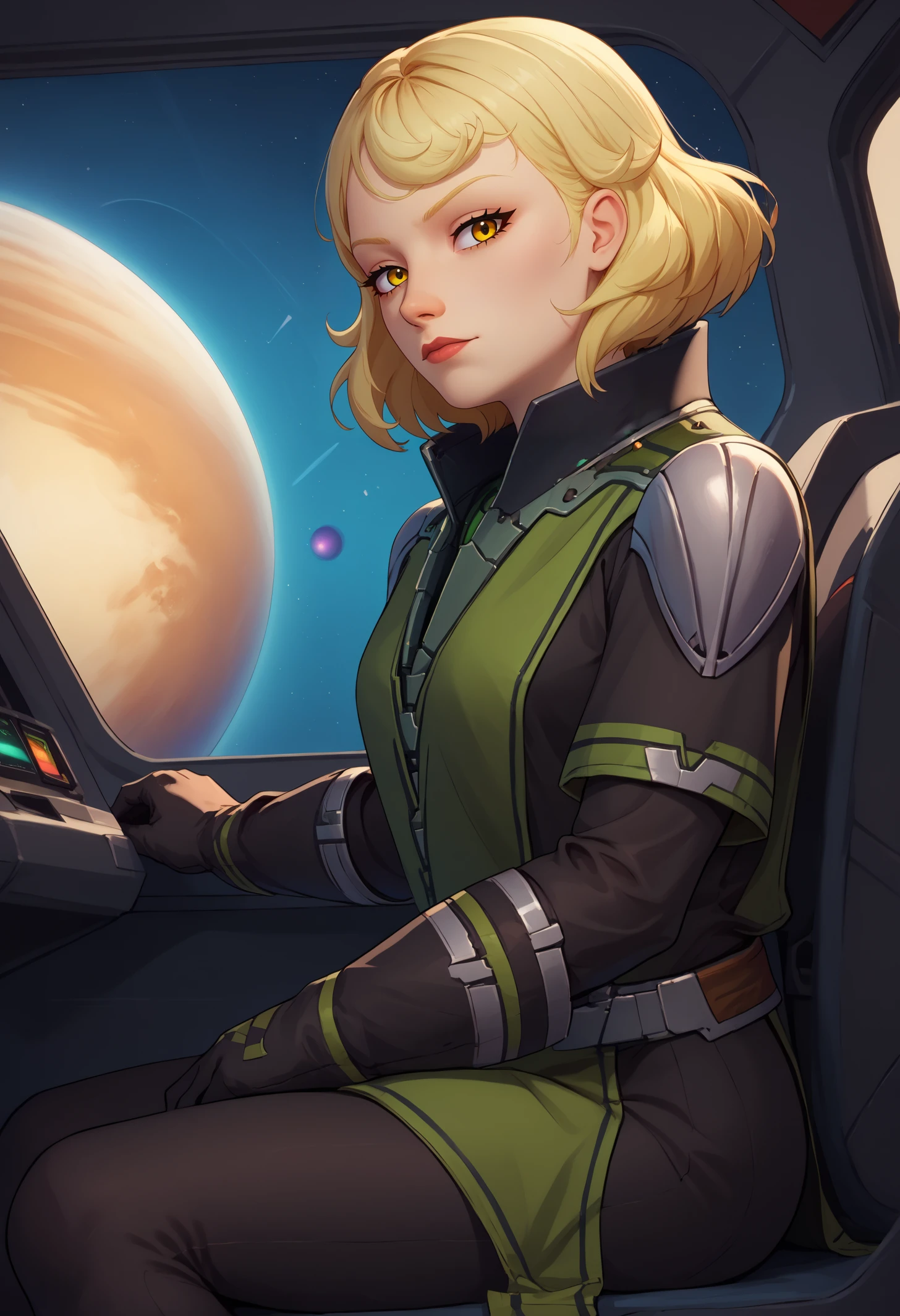 score_9, score_8_up, score_7_up, BREAK 1girl, solo, LanaBeniko, yellow eyes, medium hair, blonde hair, <lora:LanaBenikoPDXL_V1-Manityro-CAME:1.0>, indoors, space, spacecraft, science fiction,
looking at viewer, side view, sitting, cockpit,
SorOut, popped collar, epaulette, cape, green vest, black shirt, long sleeves, swept bangs, black gloves, black leggings