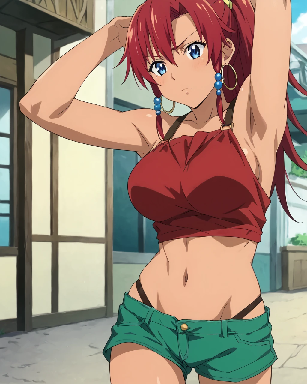 score_9, score_8_up, score_7_up, source_anime,masterpiece,best quality,highres,absurdres,official art,official style,source_anime,anime screencap,anime coloring,megami magazine,anime,animated,explicit,
shiny skin,large breasts,red tubetop,
 <lora:bellows:1> bellows, red hair, ponytail, blue eyes, dark skin, hoop earrings,hair beads, sidelocks,green shorts,