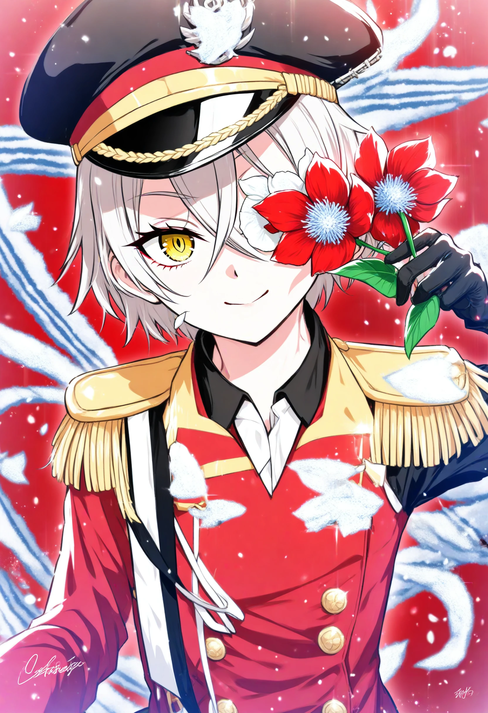 1girl,
kinu \(azur lane\), azur lane,
military, outstretched arm, full armor, holding, buttons, gloves, peaked cap, military uniform, epaulettes, long sleeves, flower over eye, shirt, hat, flower, horns, armor, holding flower, red flower, shoulder armor, uniform, looking at viewer, short hair, red theme, collared shirt, yellow eyes, upper body, solo, spot color, closed mouth, sidelocks, smile, selfie, short sleeves, signature, strap,
masterpiece, best quality, newest, absurdres, safe