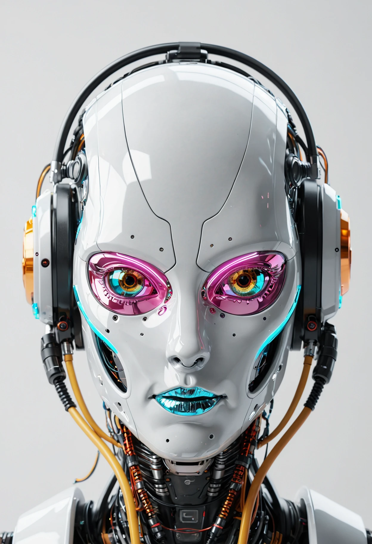 focus on a (colorful:1.2) robotic head, with cables connected, holograms, chromatic design, realism, cyberpunk, glowing eye, white background, metallic texture, futuristic style, 35mm, high reflection, ambient occlusion, tyndall effect, F/4, 8K, detailed, hyper detailed, insane detailed, high resolution, rtx, octane, post production, ray tracing, photography, chromatic aberration, raw photo, 8k uhd, film grain, unreal engine 5, ray tracing, faded photo , 4k, ultra hd, masterpiece