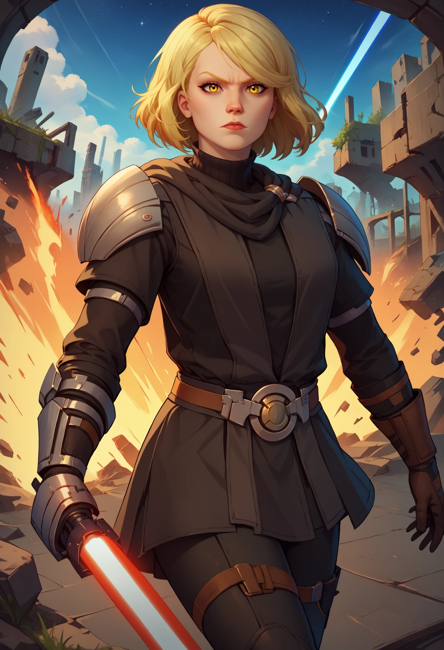 score_9, score_8_up, score_7_up, BREAK 1girl, solo, LanaBeniko, yellow eyes, medium hair, blonde hair, <lora:LanaBenikoPDXL_V1-Manityro-CAME:1.0>, explosion in the background, epic background, outdoors, ruins, science fiction, space, starry sky,
looking at viewer, focused, toned, holding lightsaber, stance,
KotfeOutfit, turtleneck, scarf, shoulder armor, black sweater, long sleeves, asymmetrical gloves, belt, black skirt, black leggings,