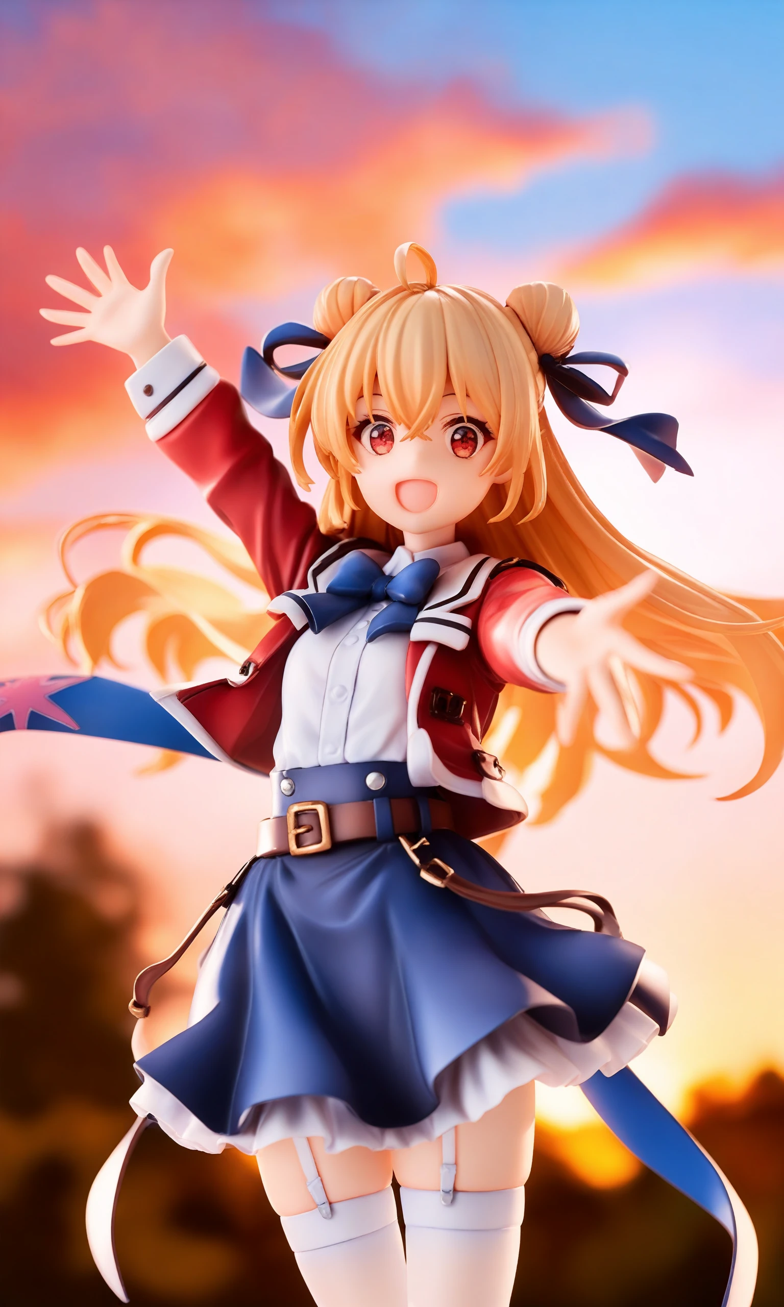 score_9,score_8_up,score_7_up,score_6_up,score_5_up,score_4_up,source_anime,
1girl, blonde hair, red eyes, ahoge, hair intakes, cone hair bun, long hair, bangs, white thighhighs, hair ribbon, hair between eyes, blue bow, double bun, long sleeves, blue bowtie, belt, garter straps, hair intakes, red jacket, skirt, very long hair, white legwear, :d, blurry foreground, cloud, dusk, evening, fire, gradient sky, looking at viewer, open mouth, orange sky, outdoors, outstretched arm, outstretched hand, red sky, sky, smile, solo, sunset, thighhighs, twilight